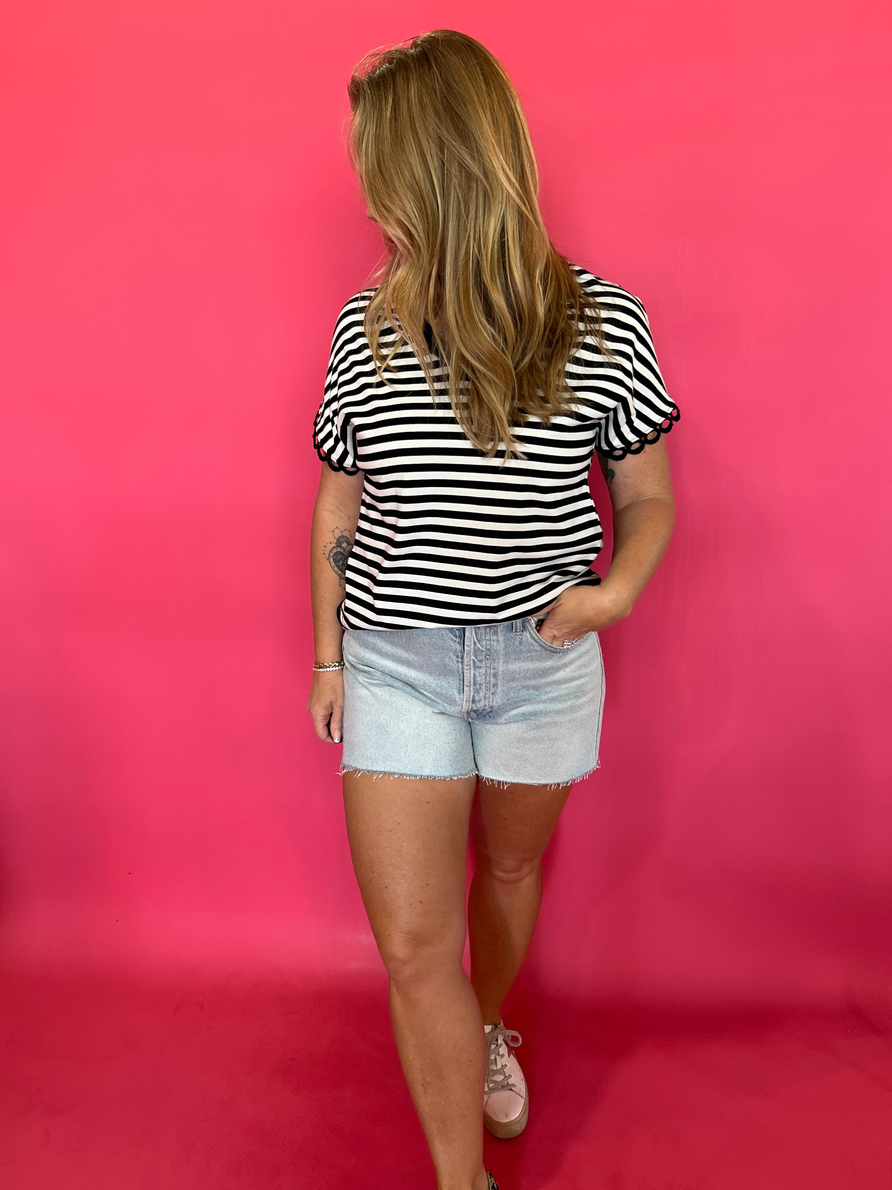 Classic Confidence Striped V-Neck Tee in Black - Shabby 2 Chic Boutiques