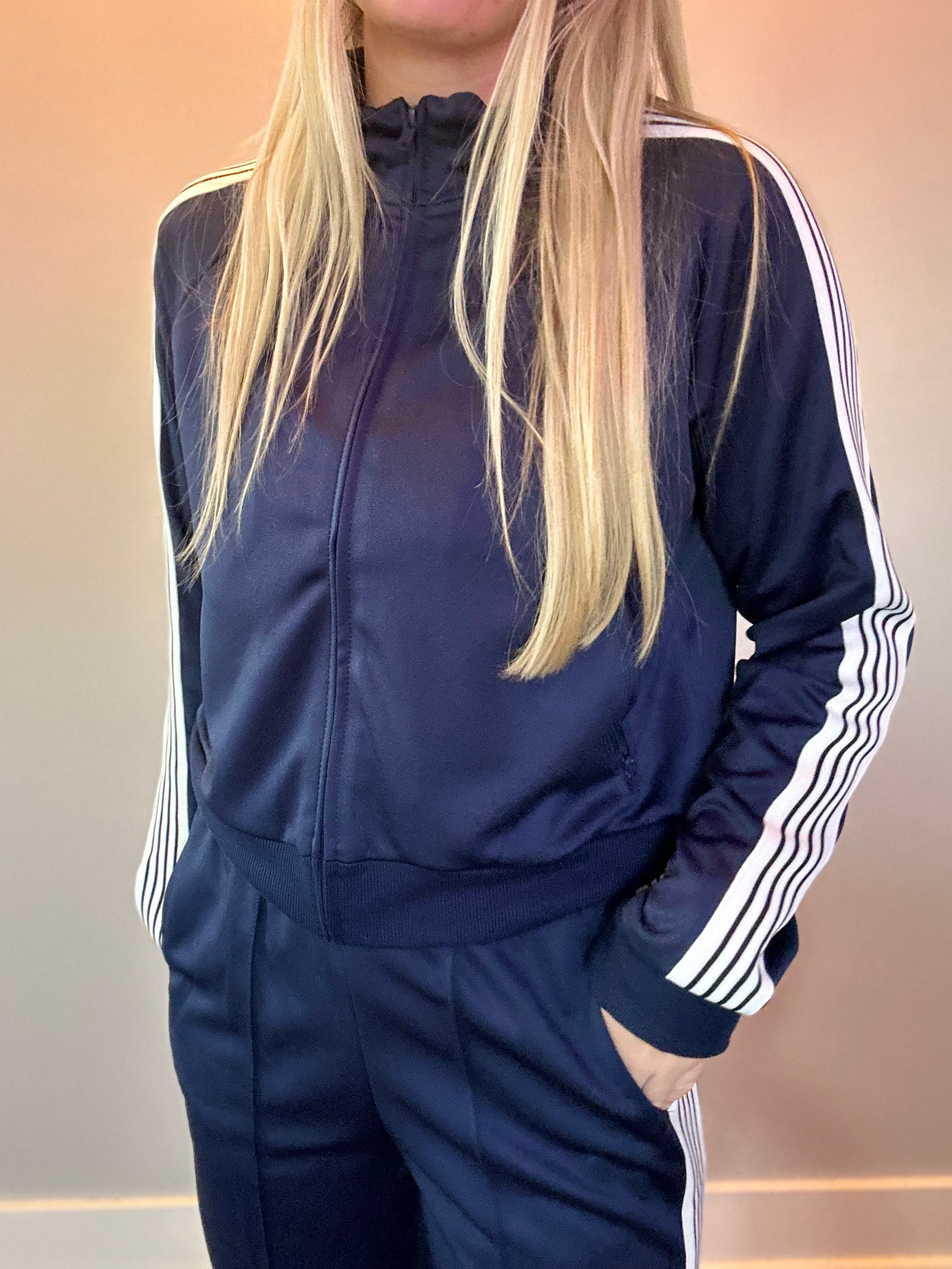 Classic Stripe Track Zip Up Jacket in Navy