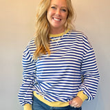 Classic Striped Oversized Crewneck Sweatshirt in Blue with Gold Trim