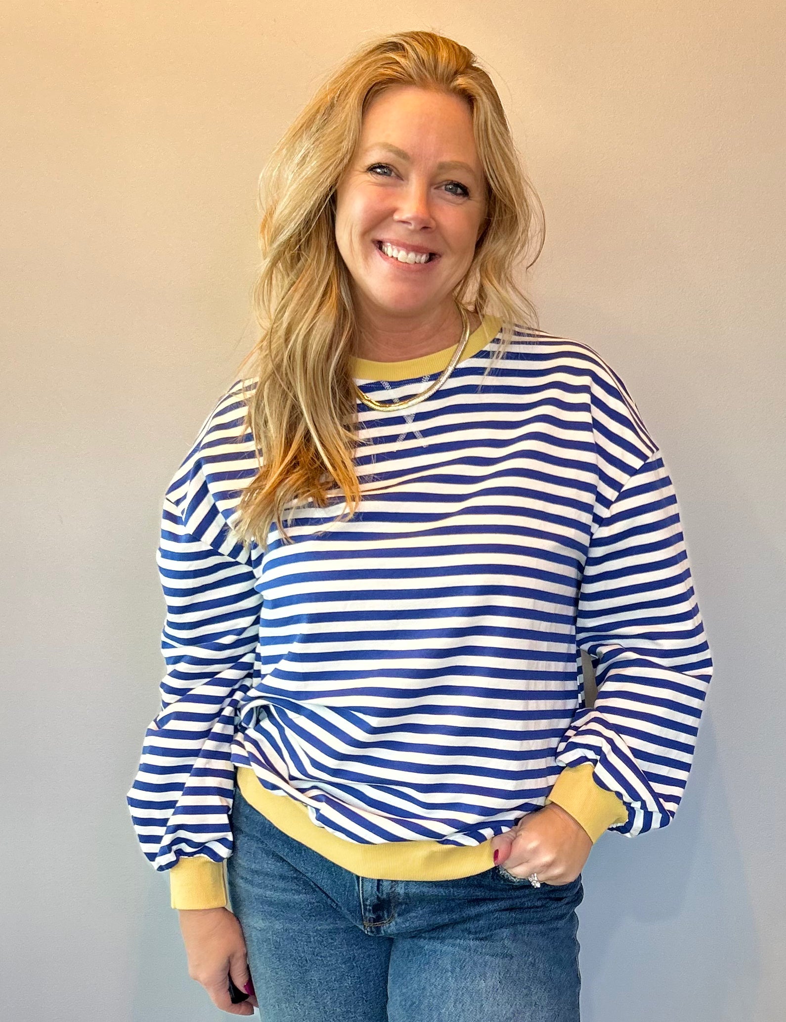 Classic Striped Oversized Crewneck Sweatshirt in Blue with Gold Trim