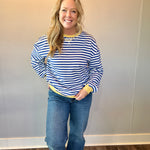 Classic Striped Oversized Crewneck Sweatshirt in Blue with Gold Trim