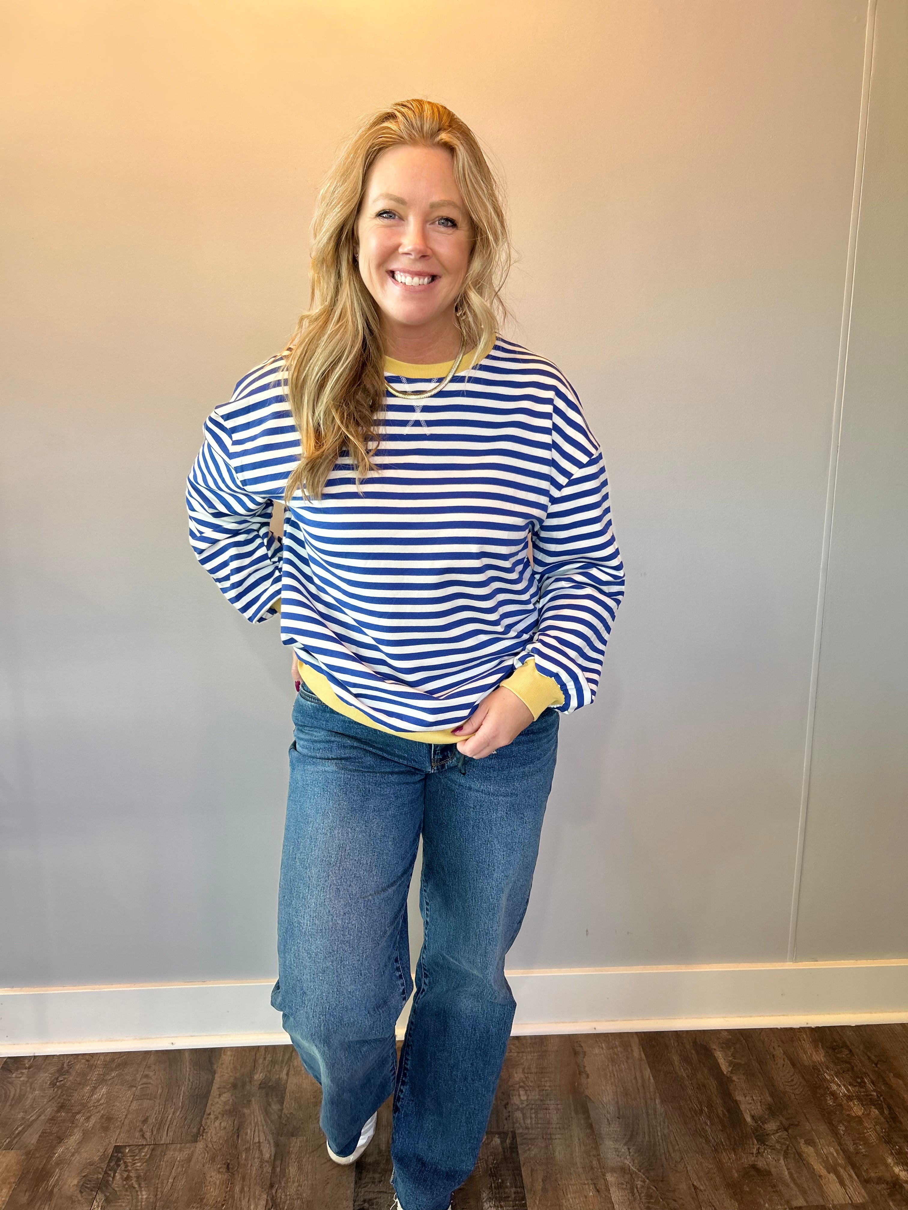 Classic Striped Oversized Crewneck Sweatshirt in Blue with Gold Trim