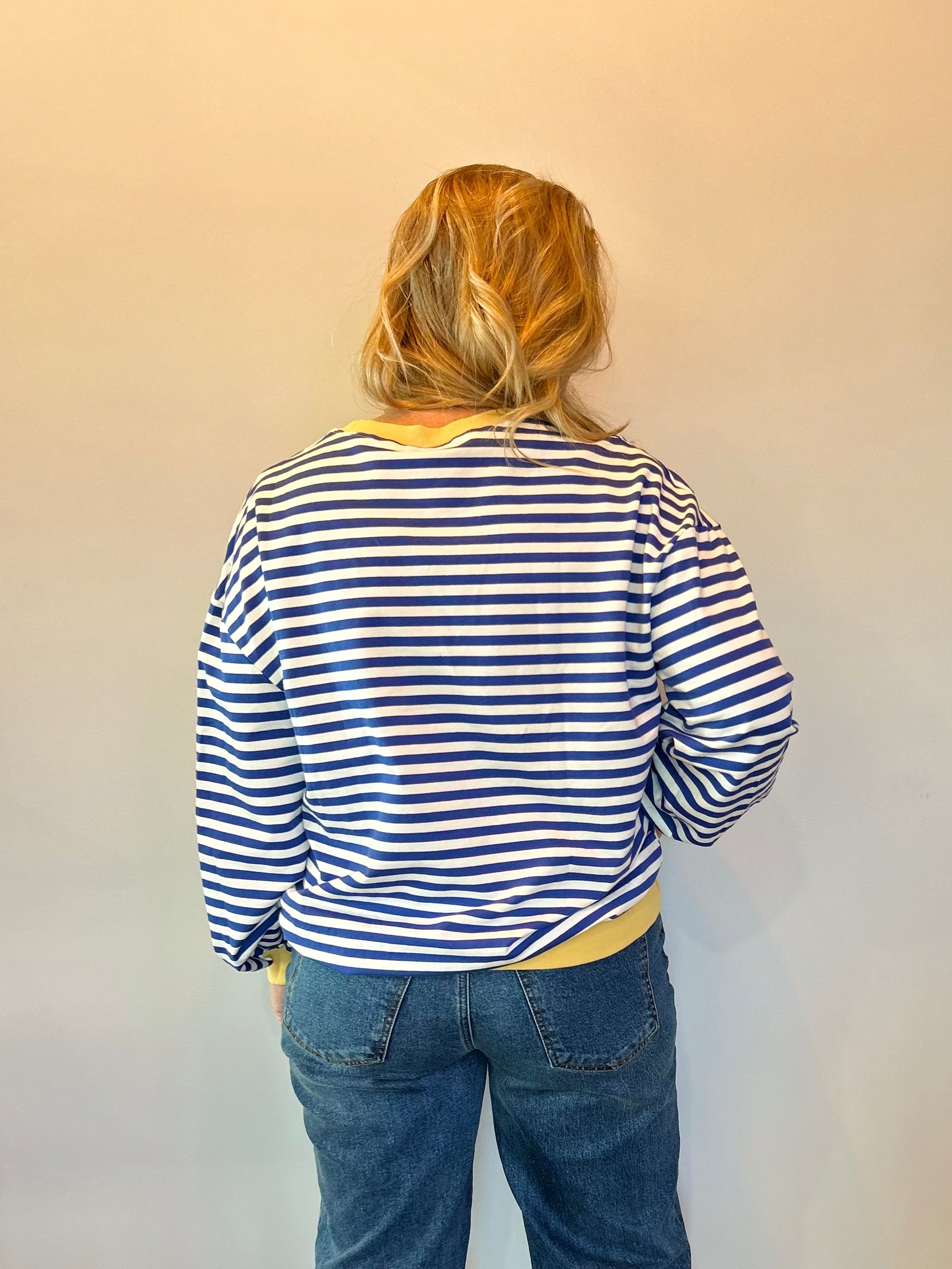 Classic Striped Oversized Crewneck Sweatshirt in Blue with Gold Trim