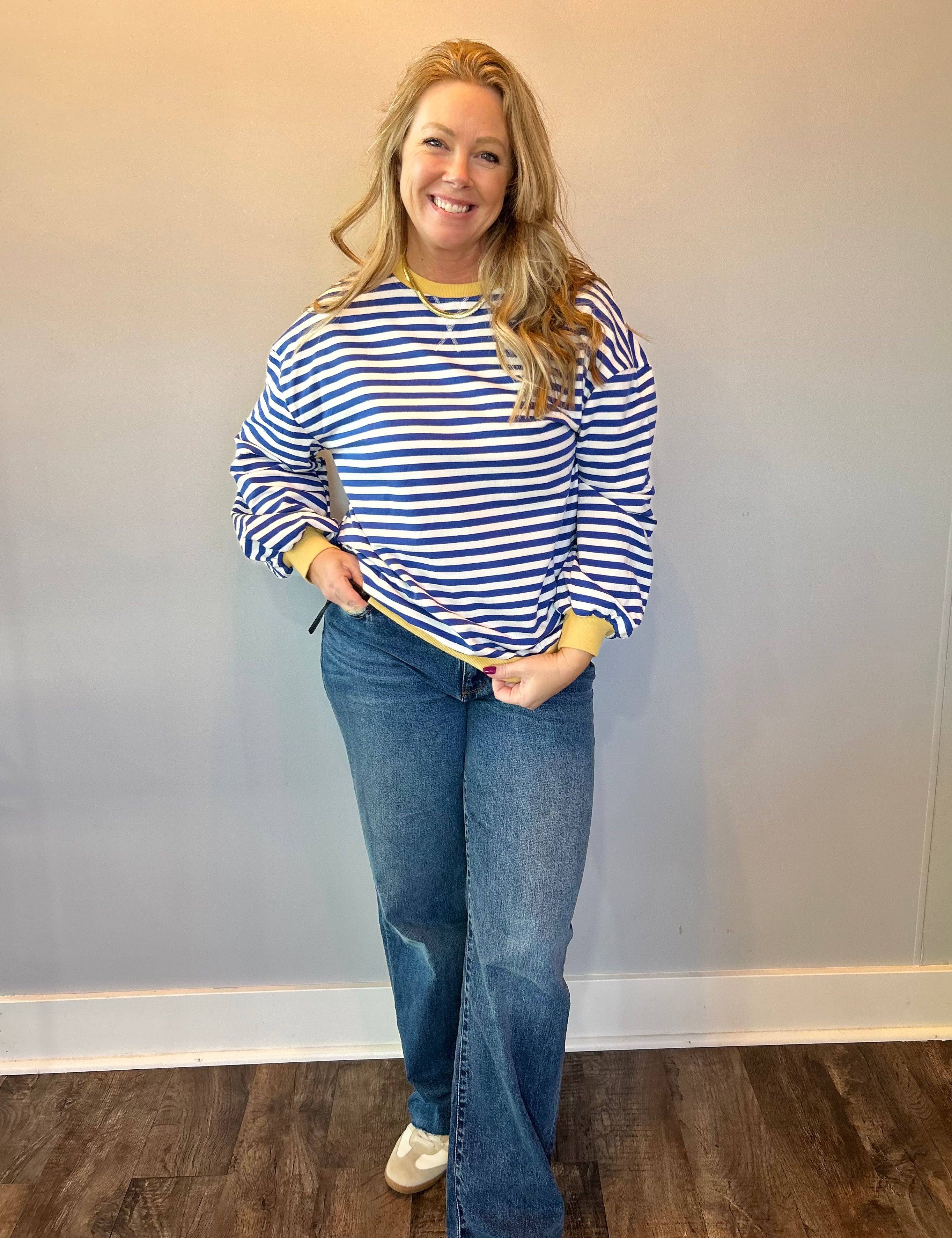 Classic Striped Oversized Crewneck Sweatshirt in Blue with Gold Trim