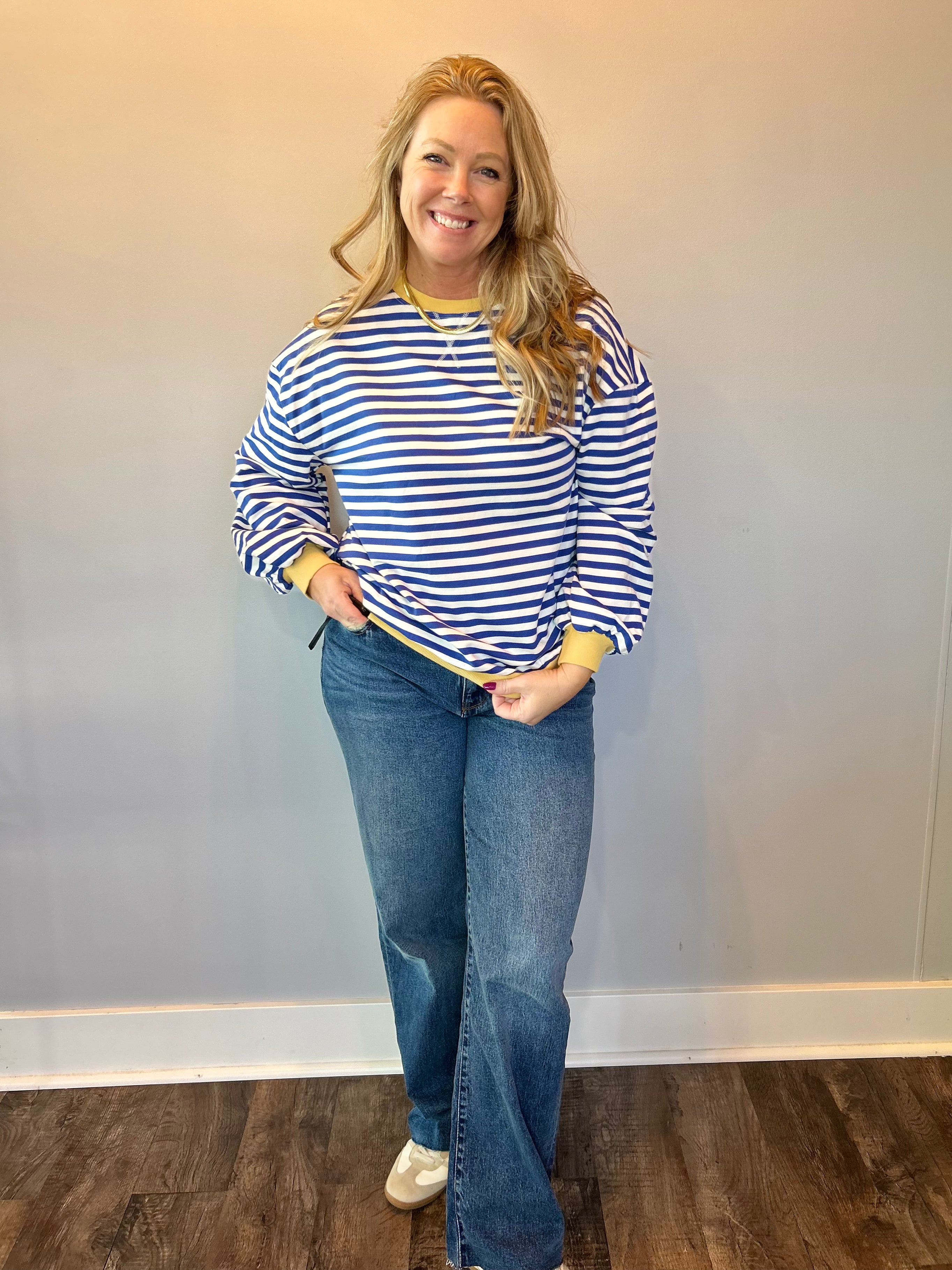 Classic Striped Oversized Crewneck Sweatshirt in Blue with Gold Trim