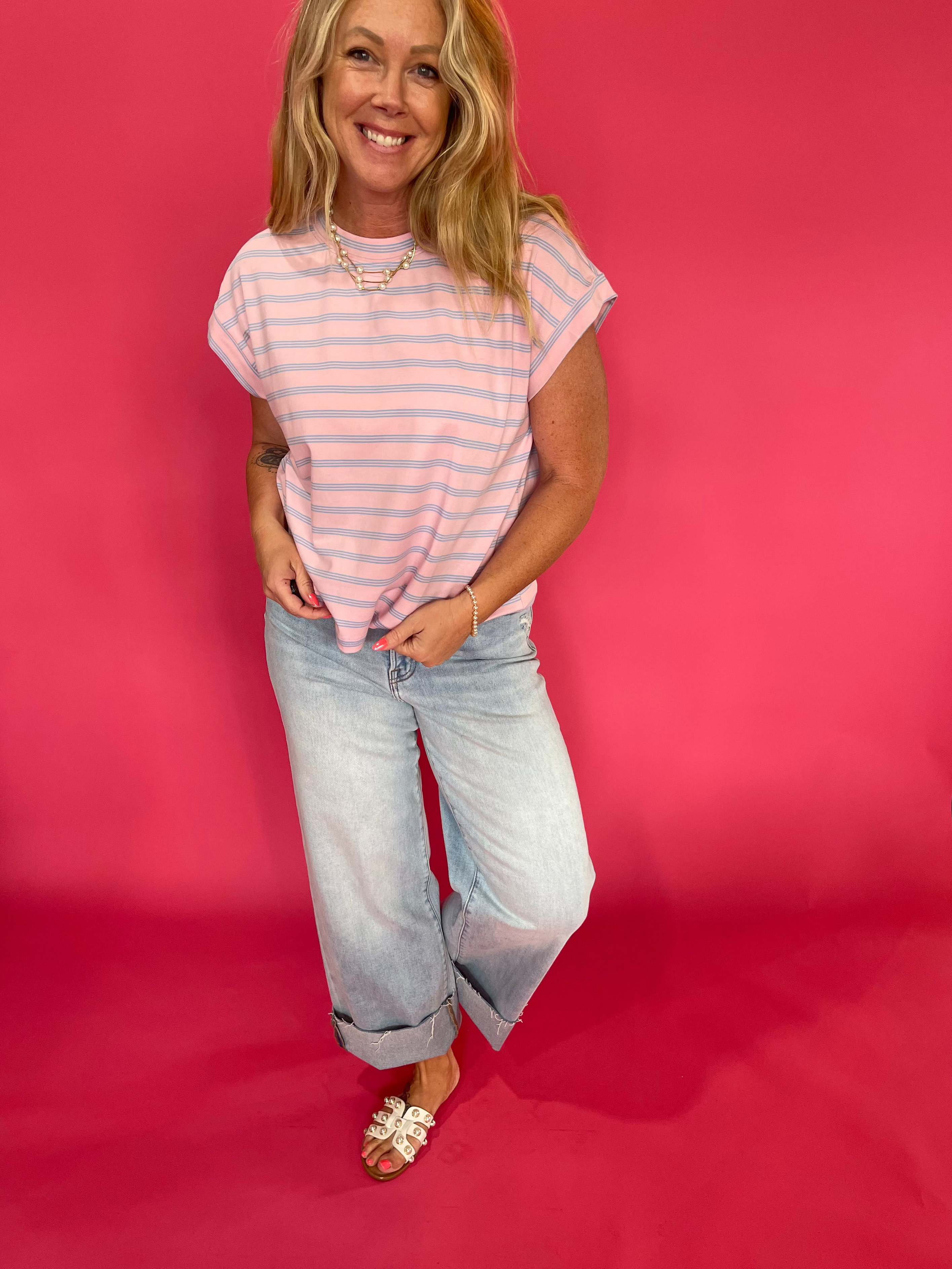 Coastal Stripe Cap Sleeve Top in Pink
