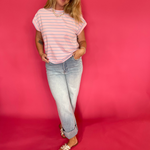 Coastal Stripe Cap Sleeve Top in Pink