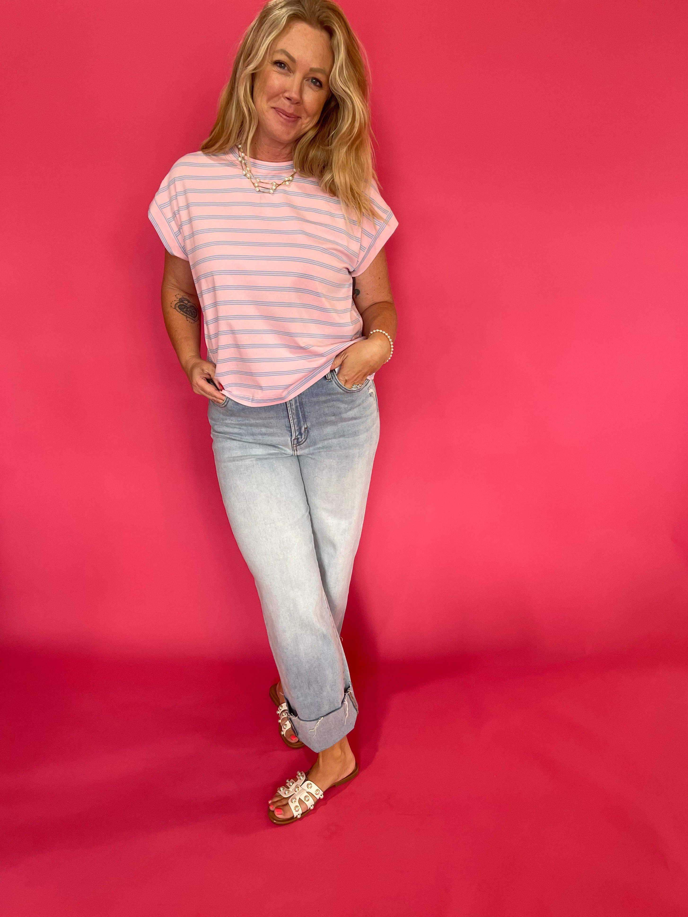 Coastal Stripe Cap Sleeve Top in Pink