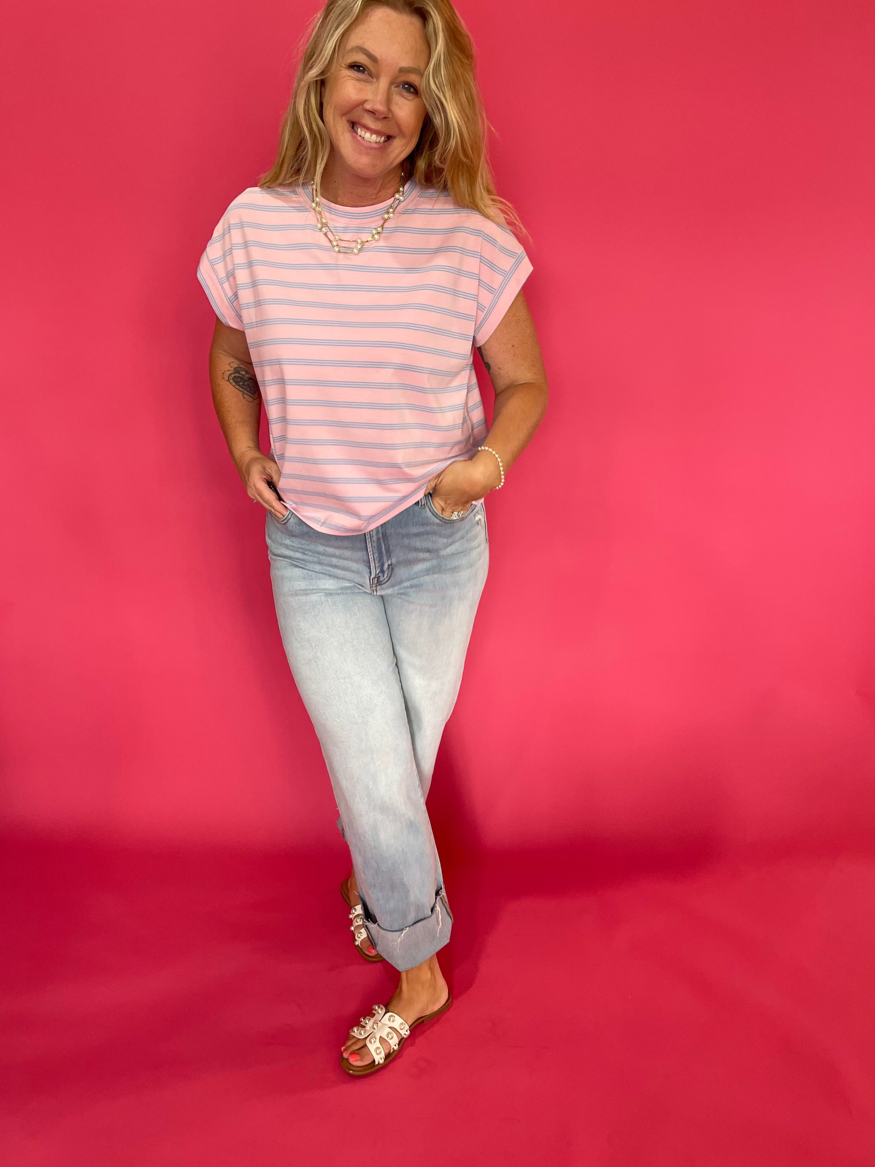 Coastal Stripe Cap Sleeve Top in Pink