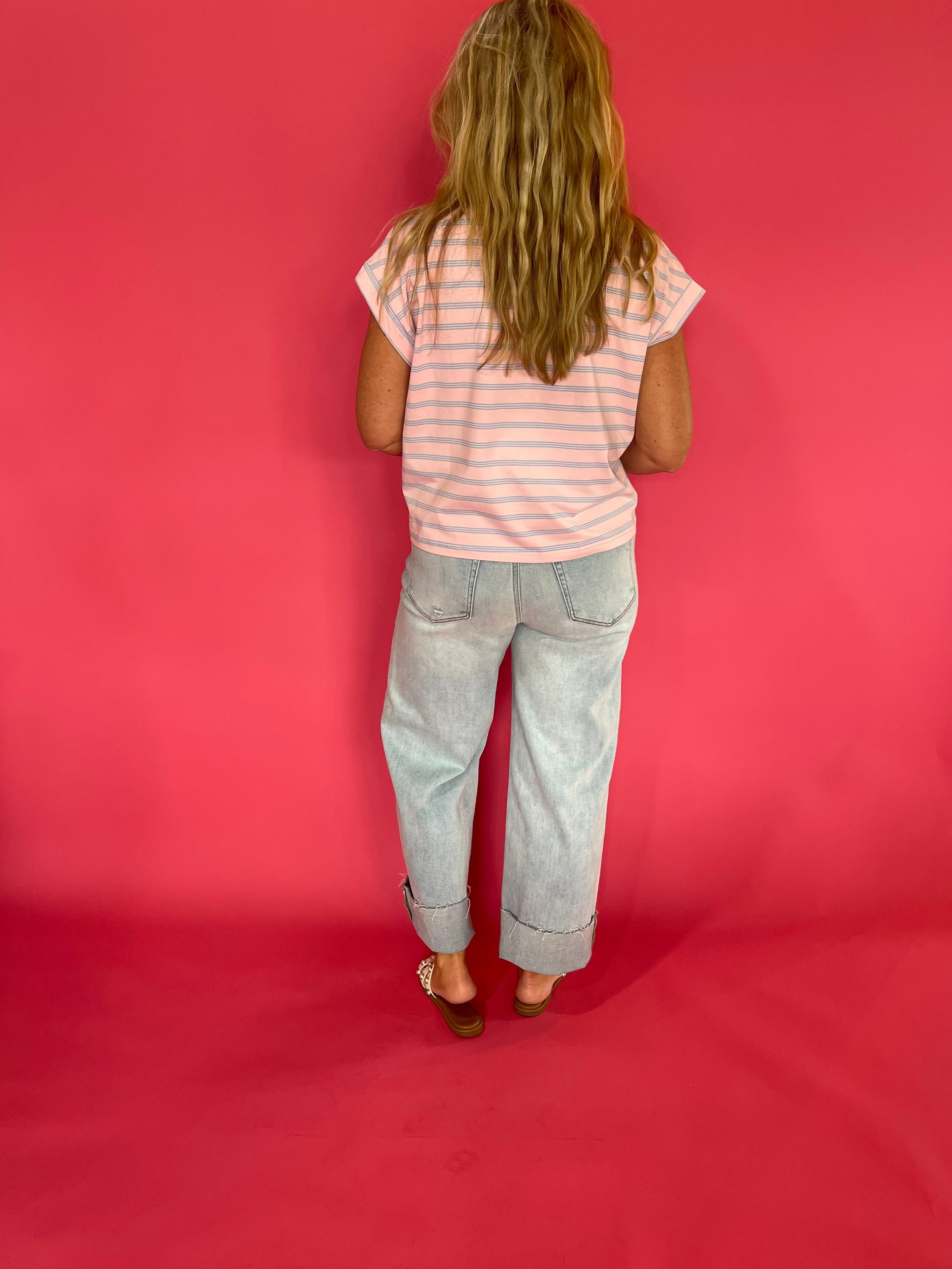 Coastal Stripe Cap Sleeve Top in Pink