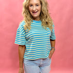 Coastal Stripes: Drop Shoulder Knit Top in Sky