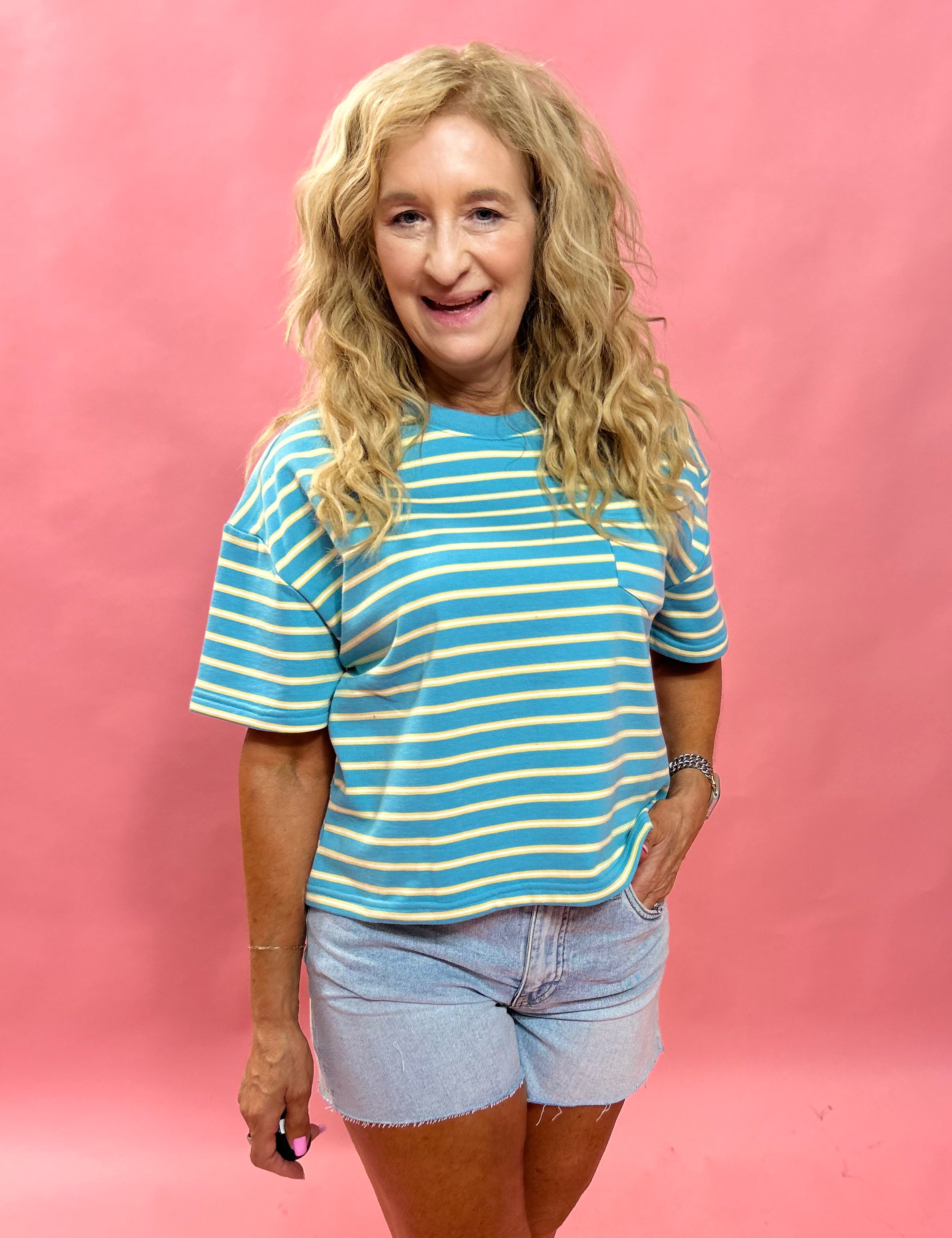 Coastal Stripes: Drop Shoulder Knit Top in Sky