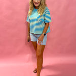 Coastal Stripes: Drop Shoulder Knit Top in Sky