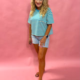 Coastal Stripes: Drop Shoulder Knit Top in Sky