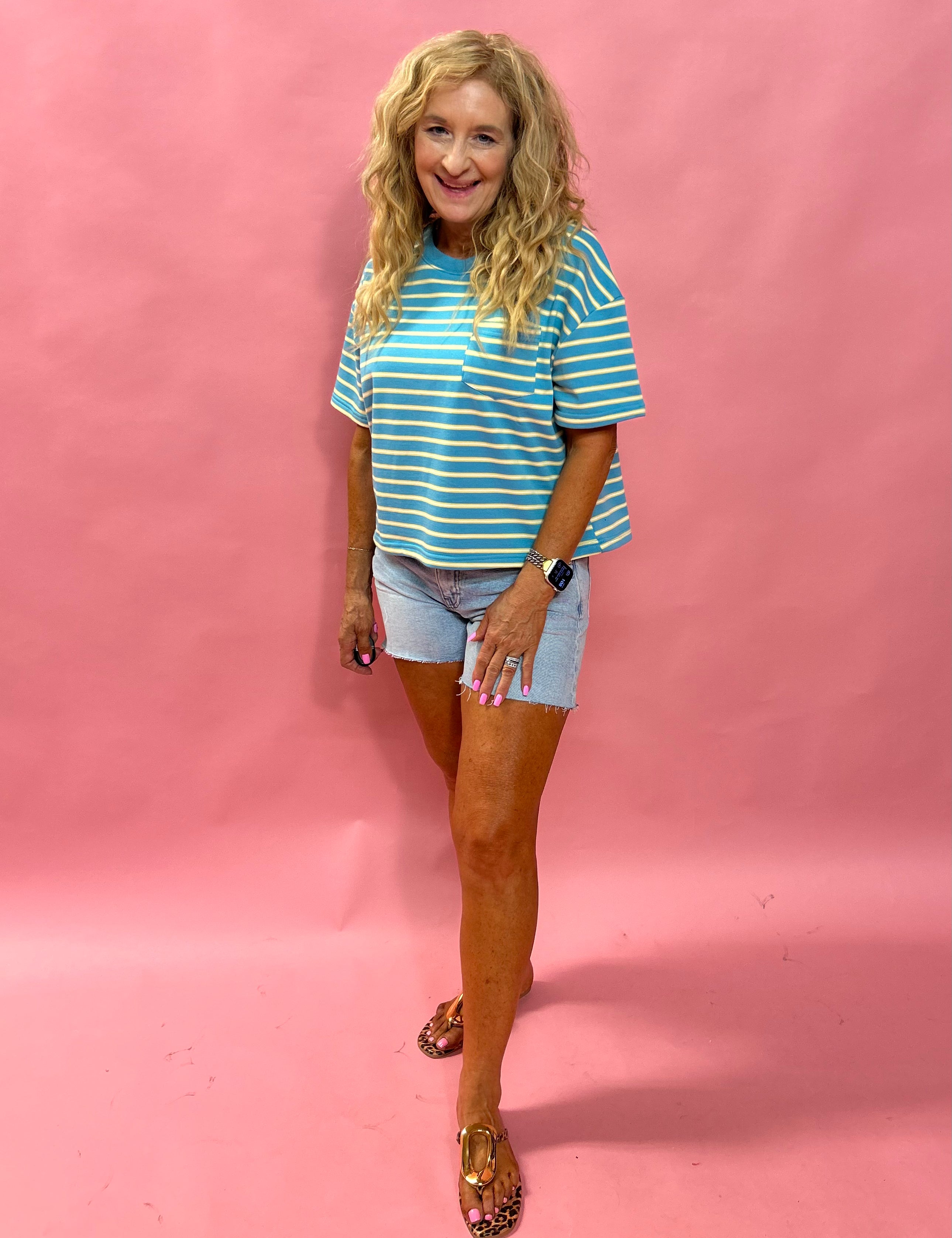 Coastal Stripes: Drop Shoulder Knit Top in Sky