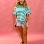 Coastal Stripes: Drop Shoulder Knit Top in Sky
