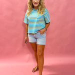 Coastal Stripes: Drop Shoulder Knit Top in Sky