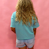 Coastal Stripes: Drop Shoulder Knit Top in Sky