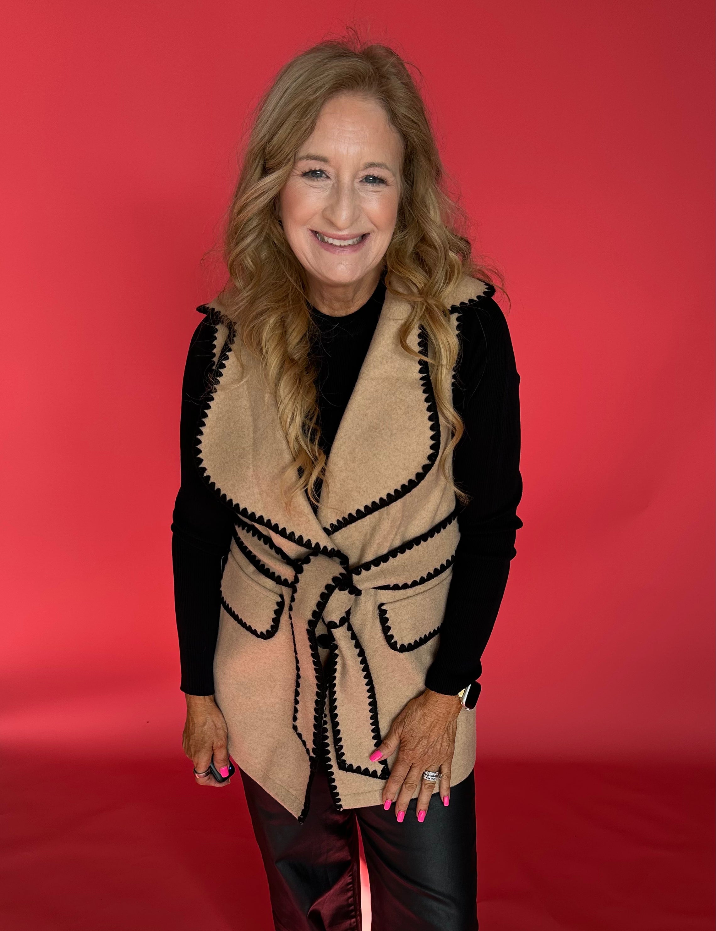 Color Block Tie Waist Button Down Vest