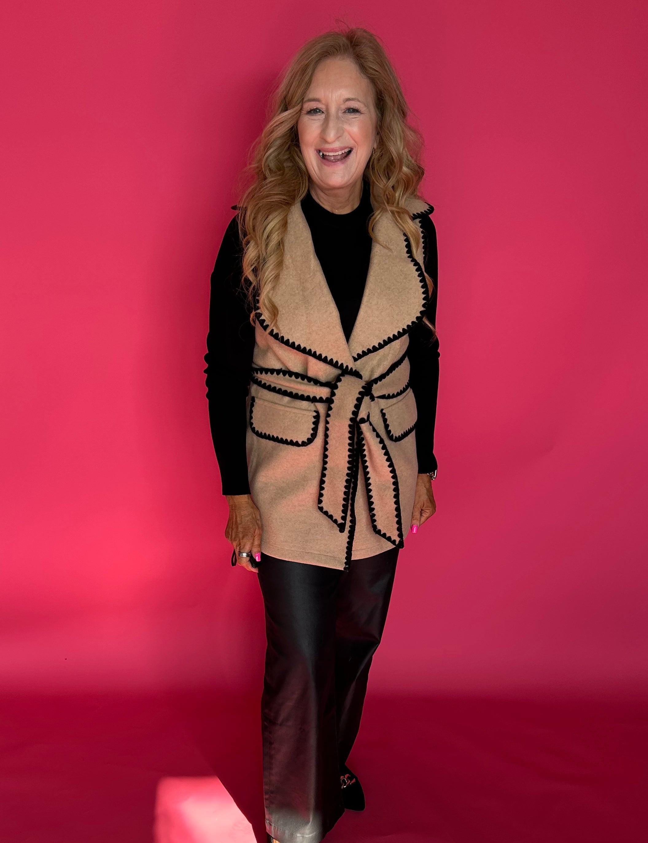 Color Block Tie Waist Button Down Vest