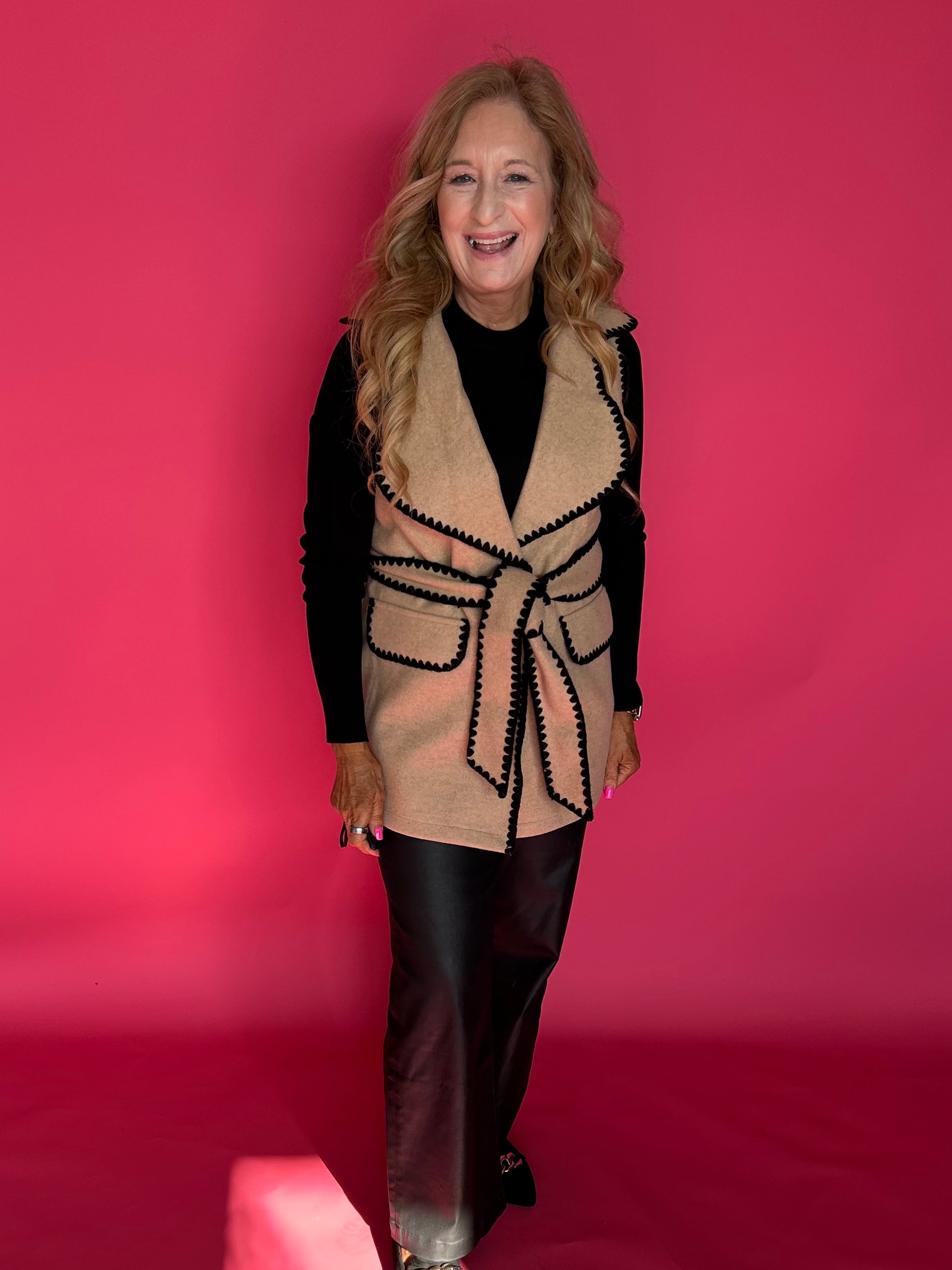 Color Block Tie Waist Button Down Vest