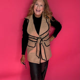 Color Block Tie Waist Button Down Vest