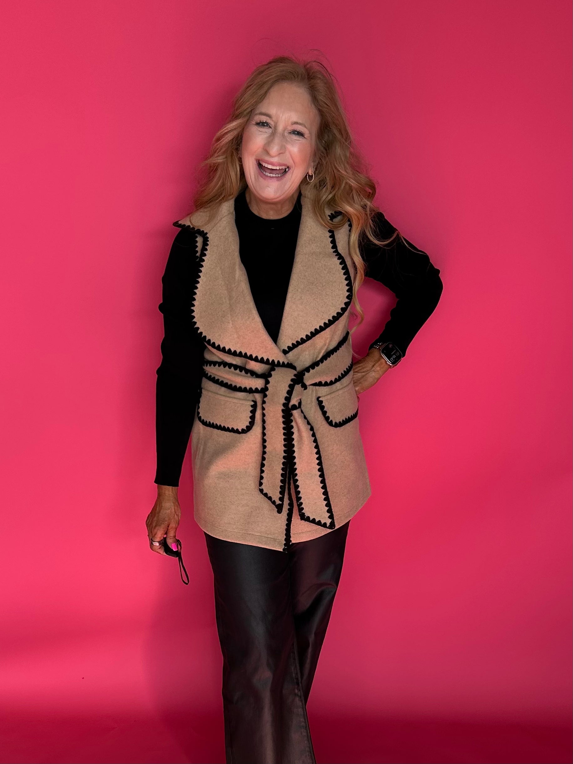 Color Block Tie Waist Button Down Vest