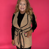 Color Block Tie Waist Button Down Vest