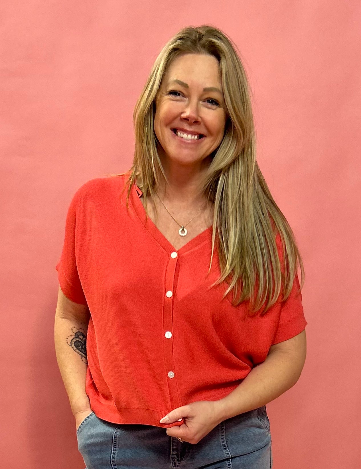 Cozy Chic Boxy Button-Up Cardigan in Poppy