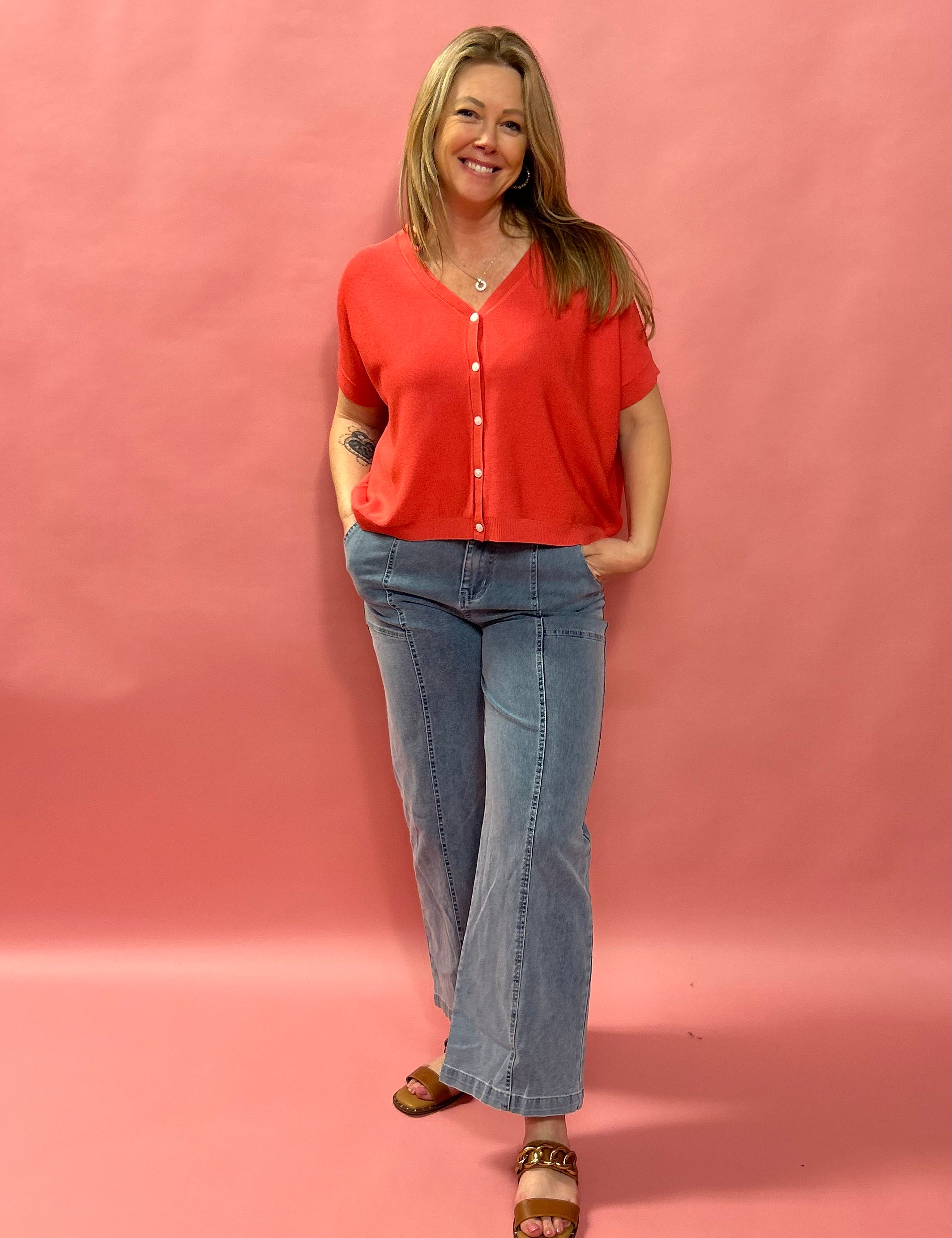 Cozy Chic Boxy Button-Up Cardigan in Poppy