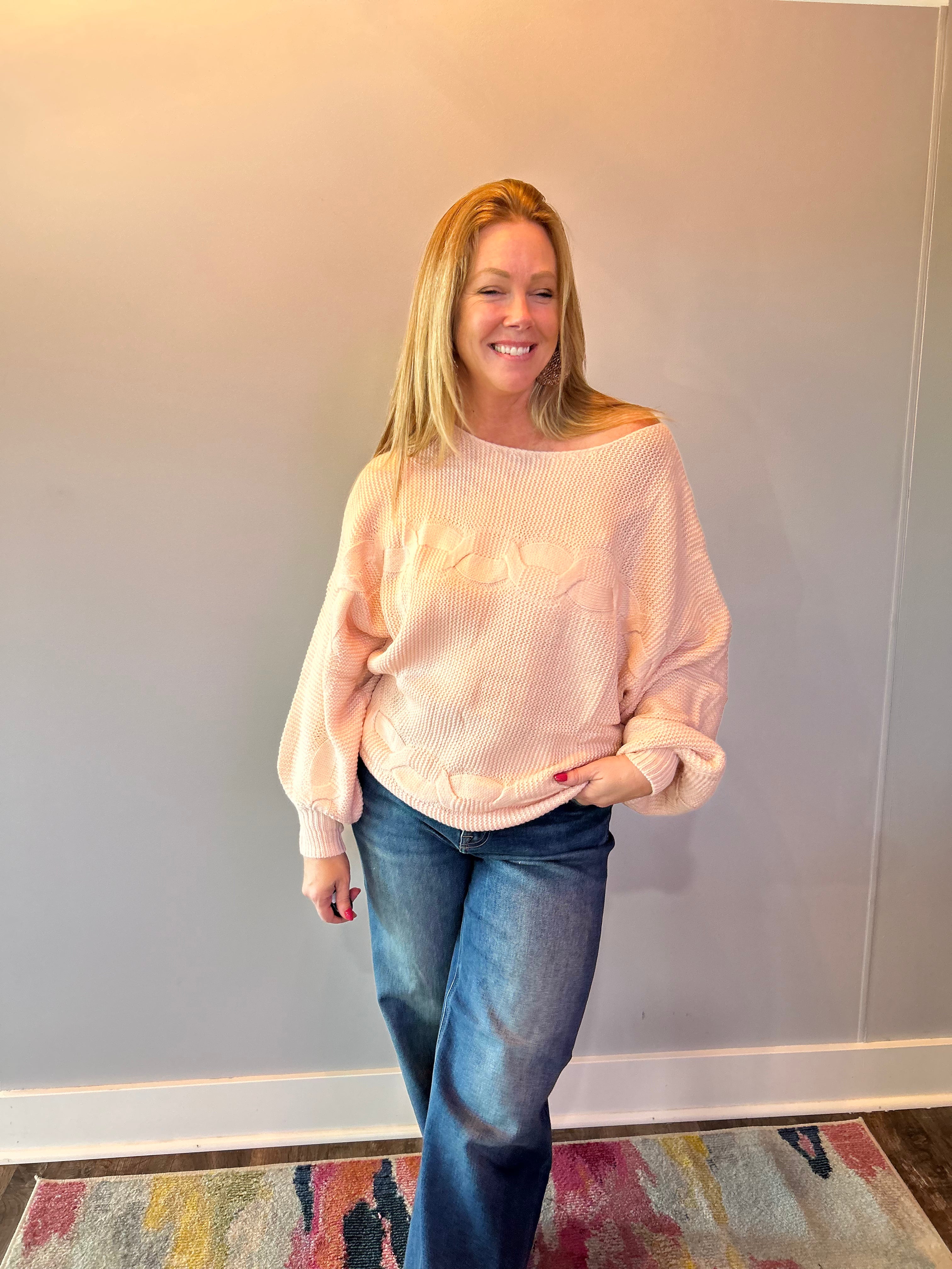 Cozy Chic Off the Shoulder Sweater in Pink