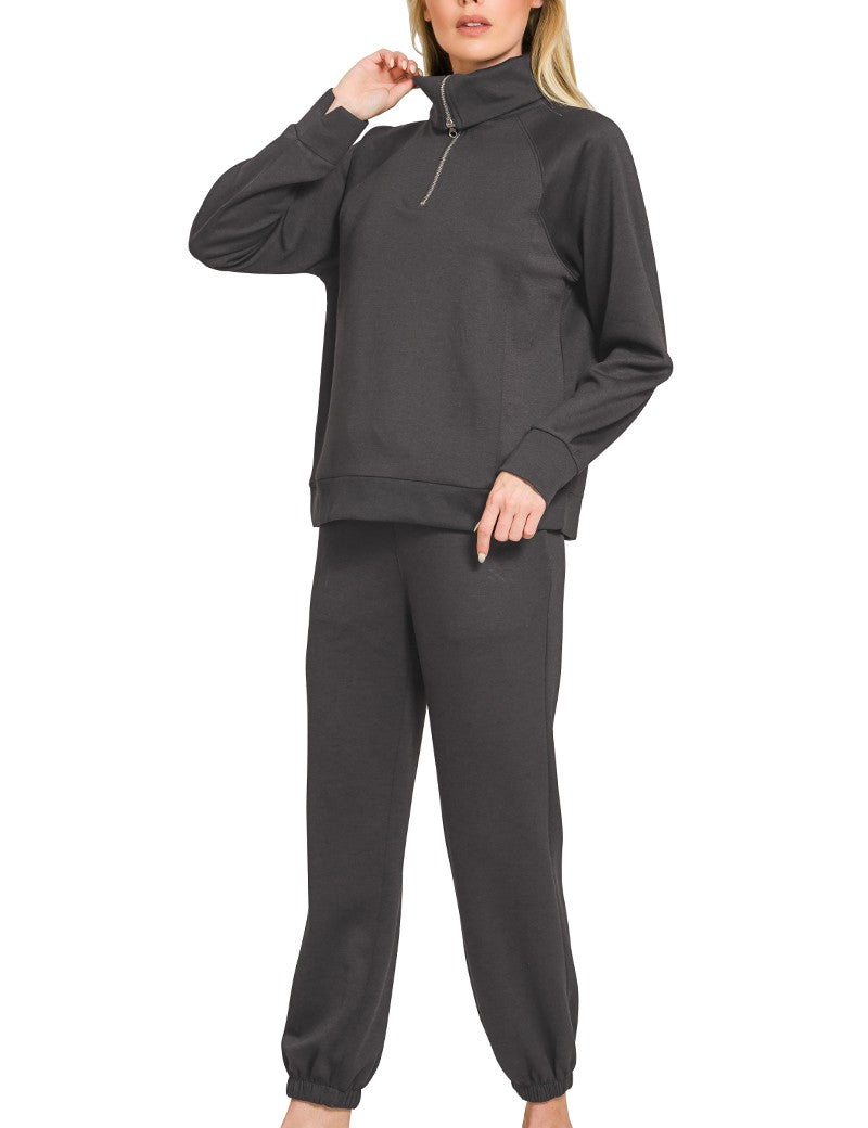 Cozy Chic Scuba Half Zip & Jogger Set in Black