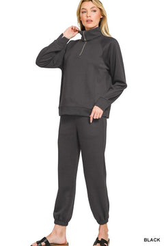 Cozy Chic Scuba Half Zip & Jogger Set in Black