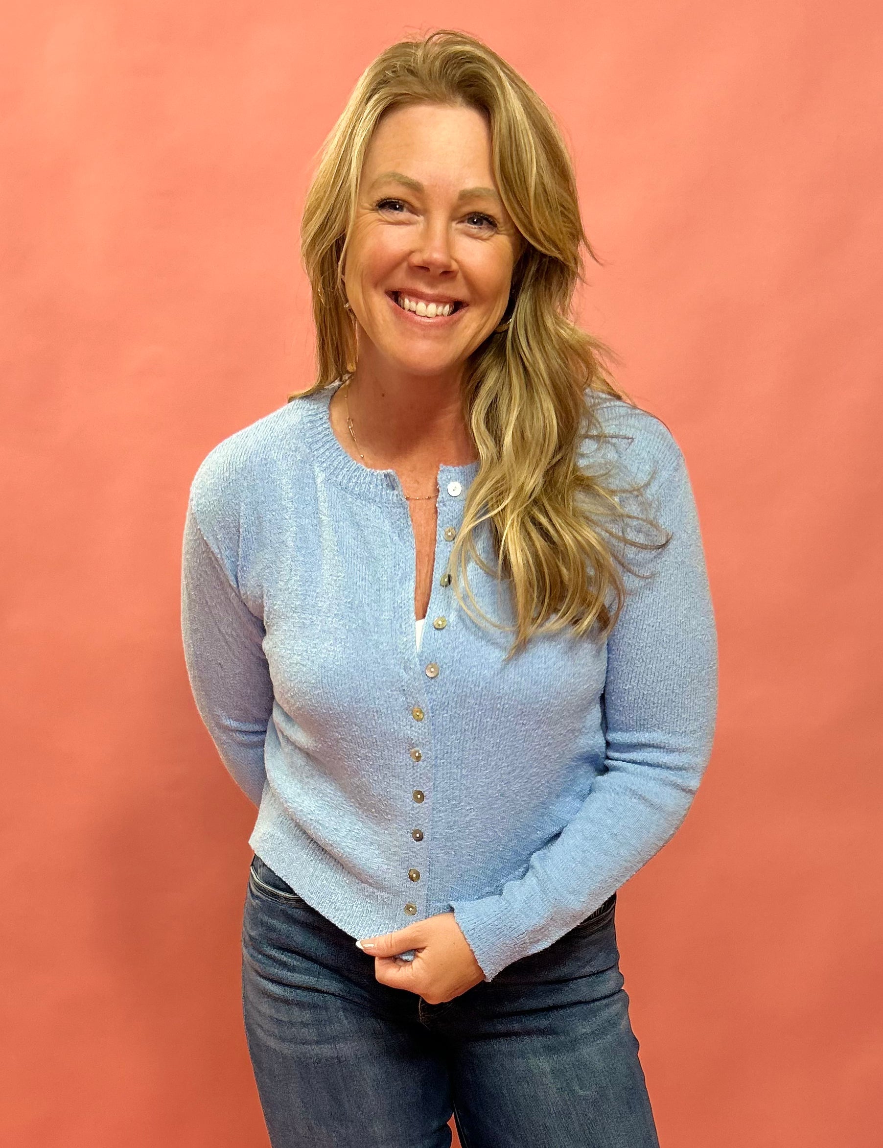 Cozy Classic Button-Up Sweater Knit Top in Sky Blue
