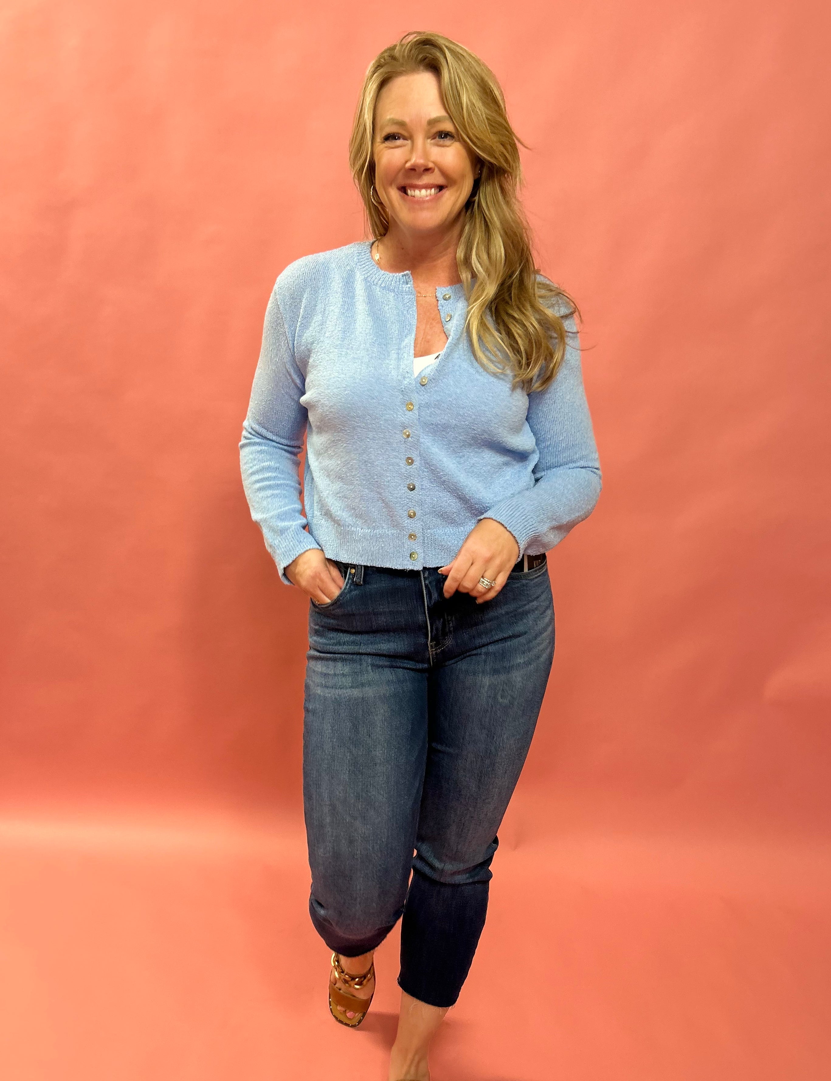 Cozy Classic Button-Up Sweater Knit Top in Sky Blue