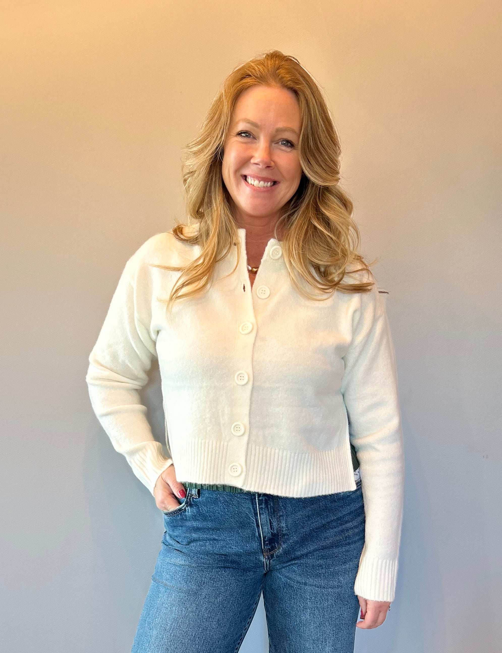 Cozy Classic Wool Blend Cardigan in White