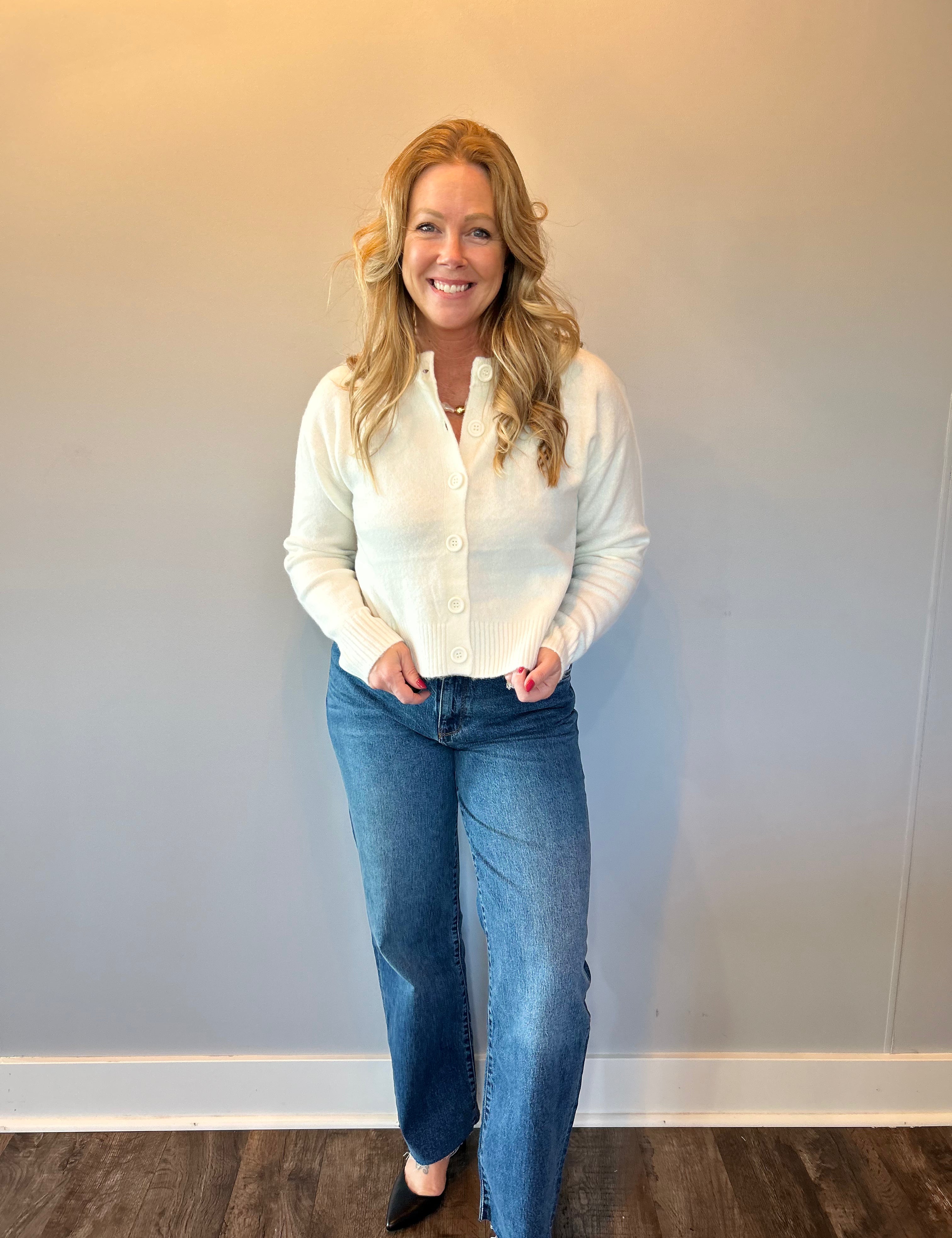 Cozy Classic Wool Blend Cardigan in White