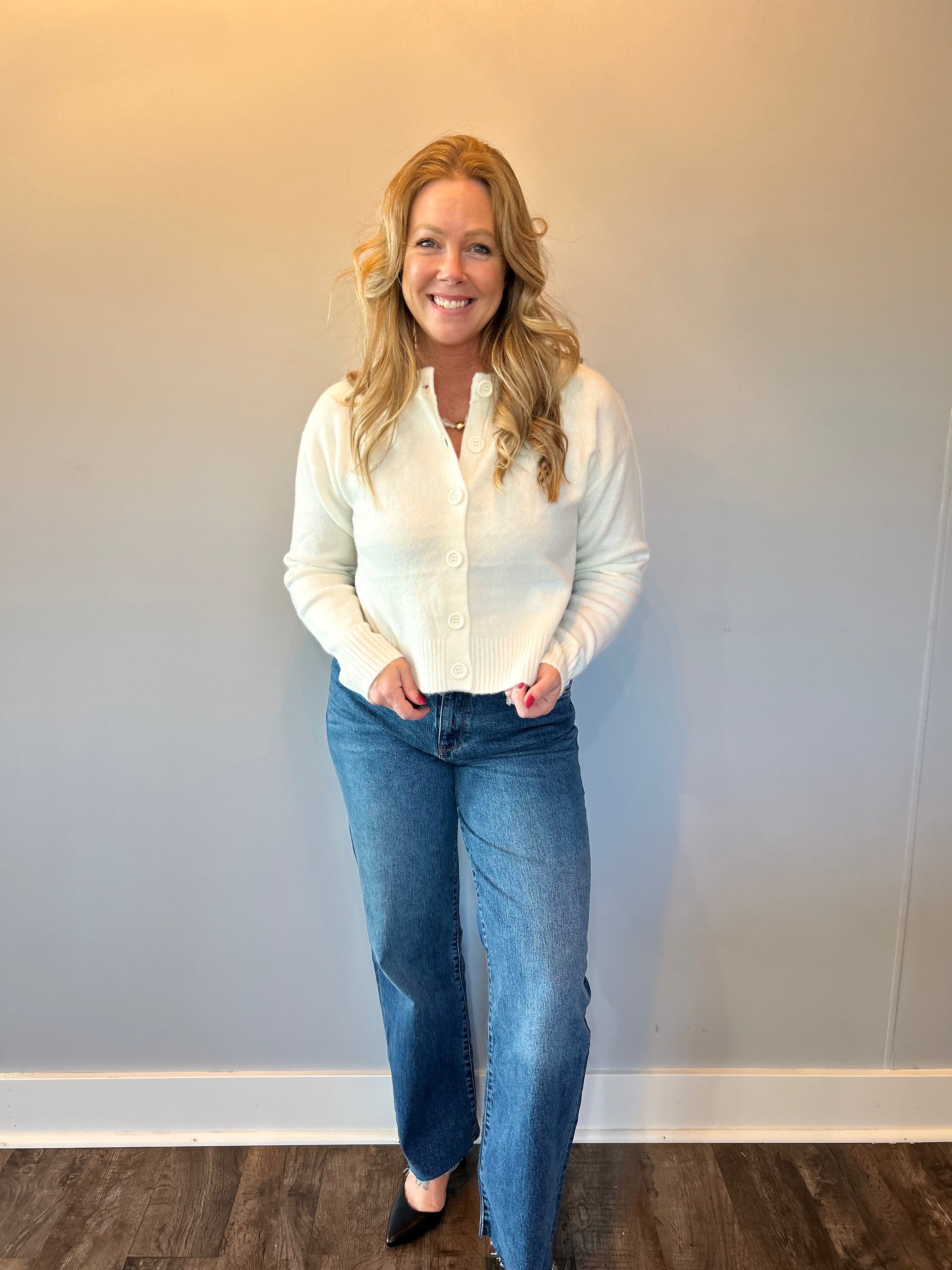 Cozy Classic Wool Blend Cardigan in White