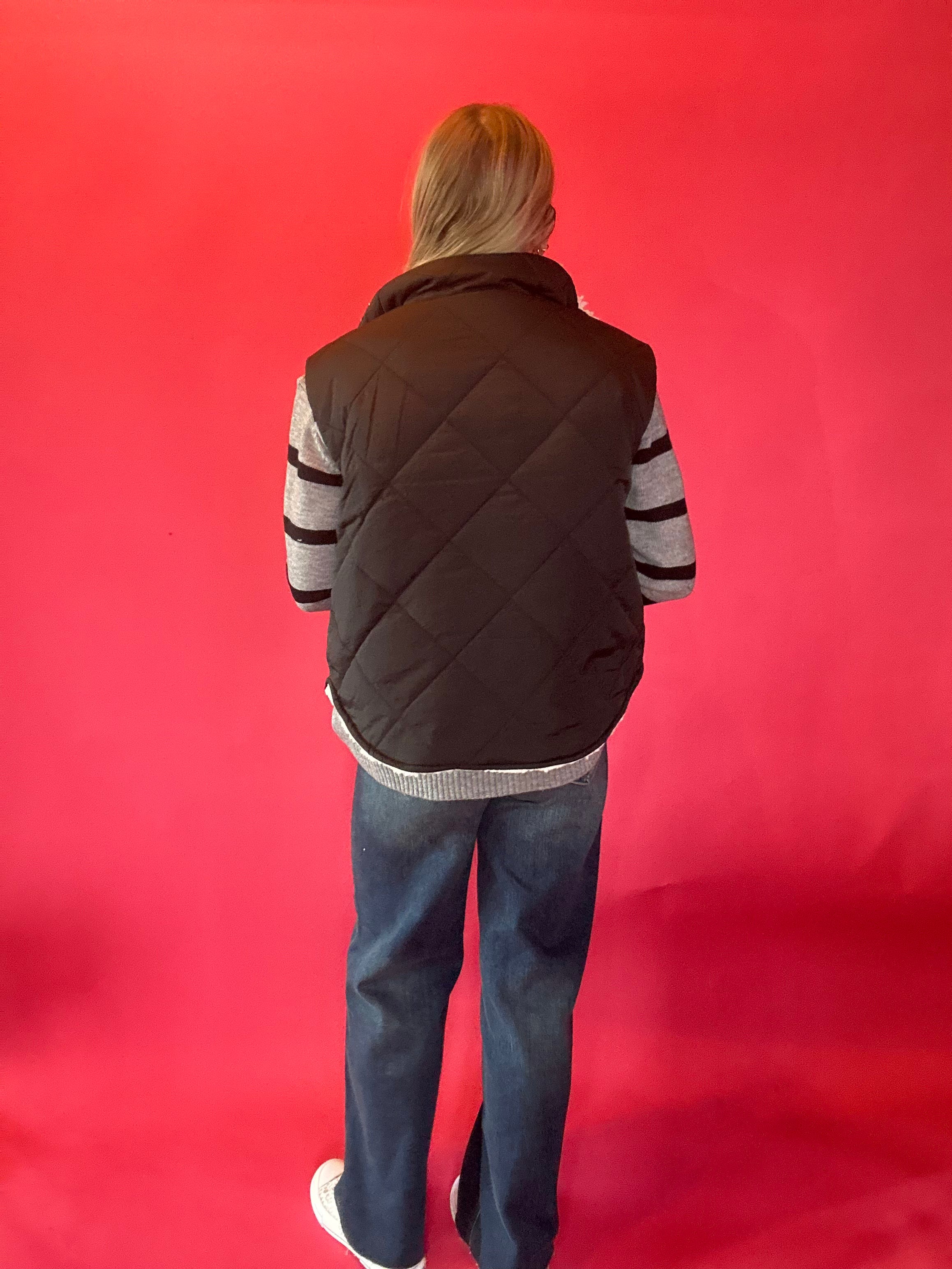 Cozy Contrast Quilted Fleece Vest in Black