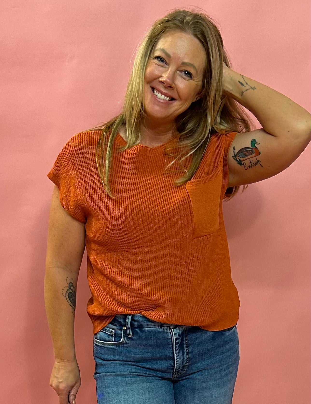 Cozy Cool Knit – Chest Pocket Sweater Tee in Rust