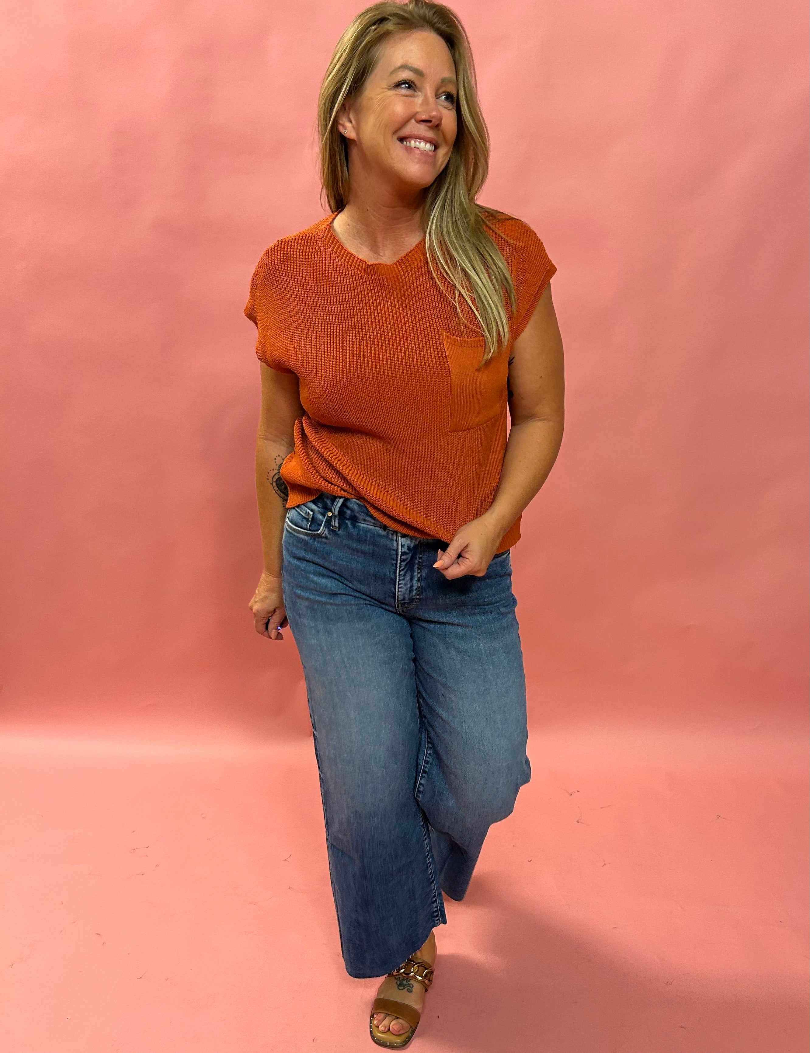 Cozy Cool Knit – Chest Pocket Sweater Tee in Rust