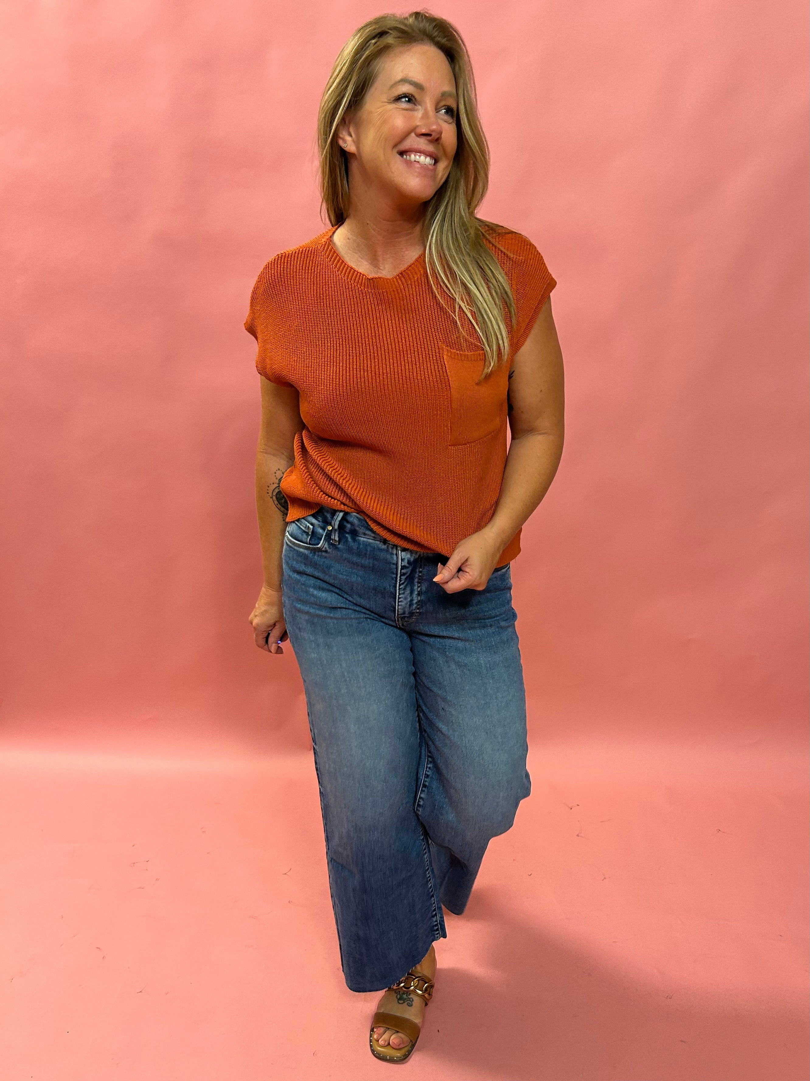 Cozy Cool Knit – Chest Pocket Sweater Tee in Rust