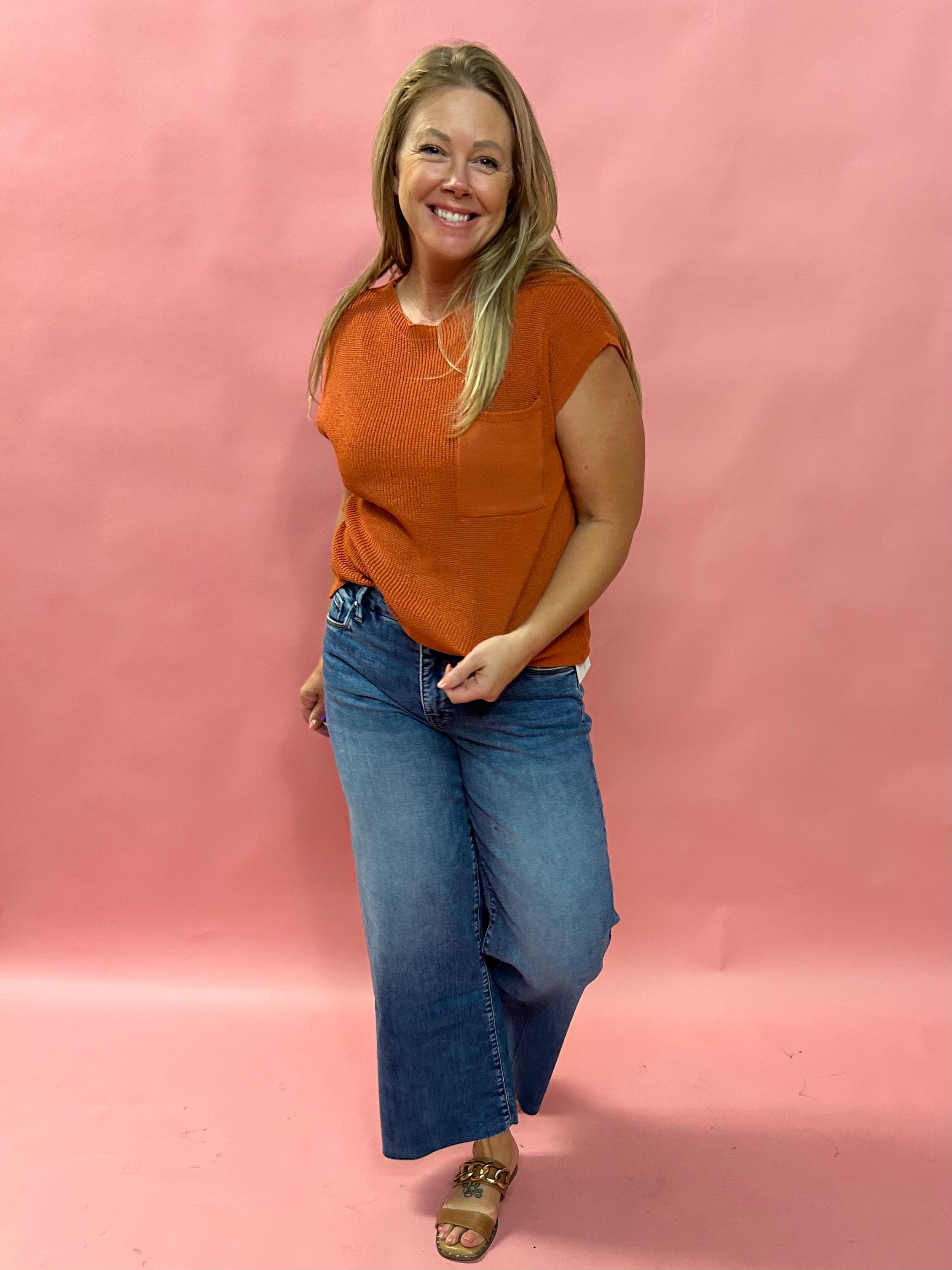 Cozy Cool Knit – Chest Pocket Sweater Tee in Rust