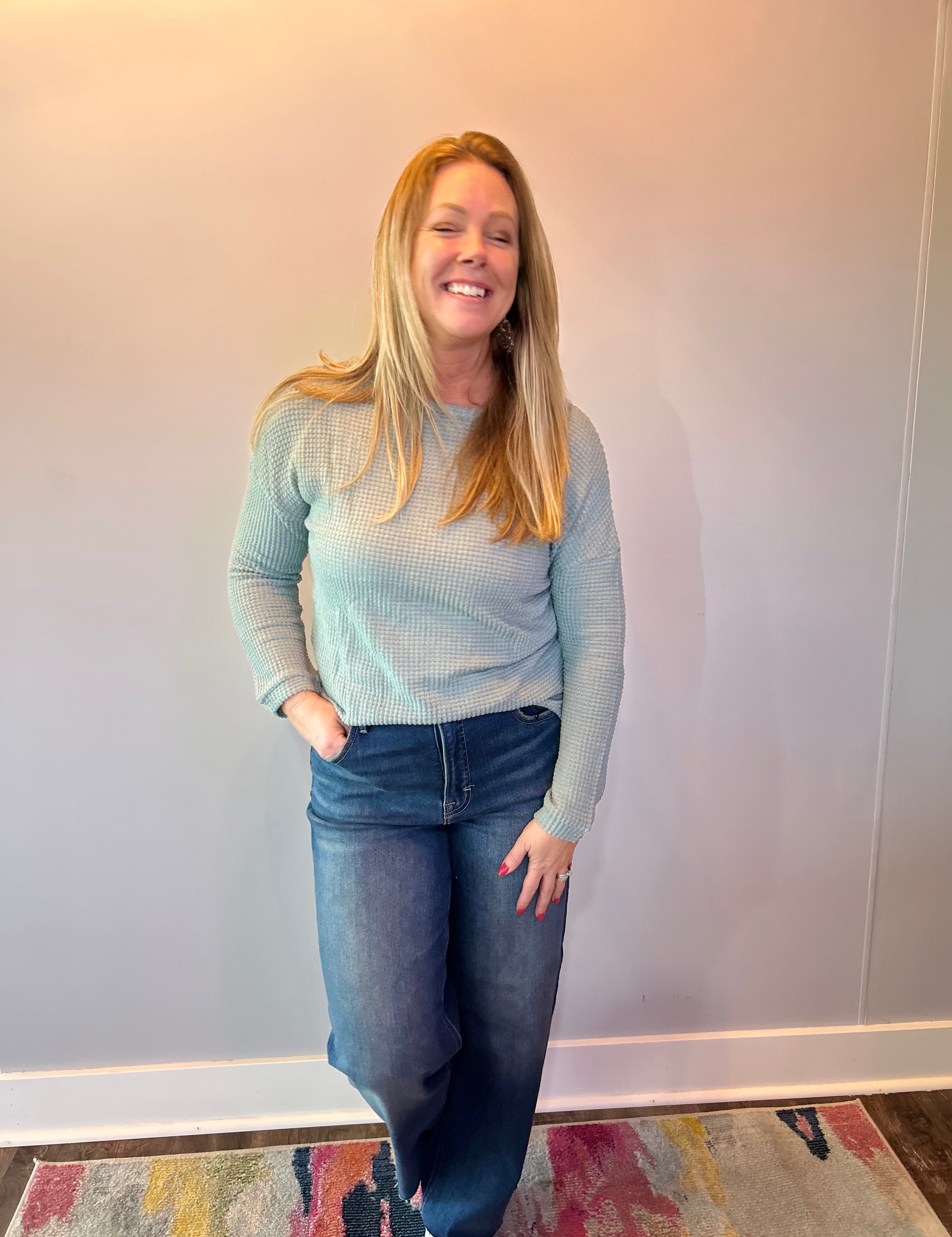 Cozy Luxe Waffle Knit Top in Green