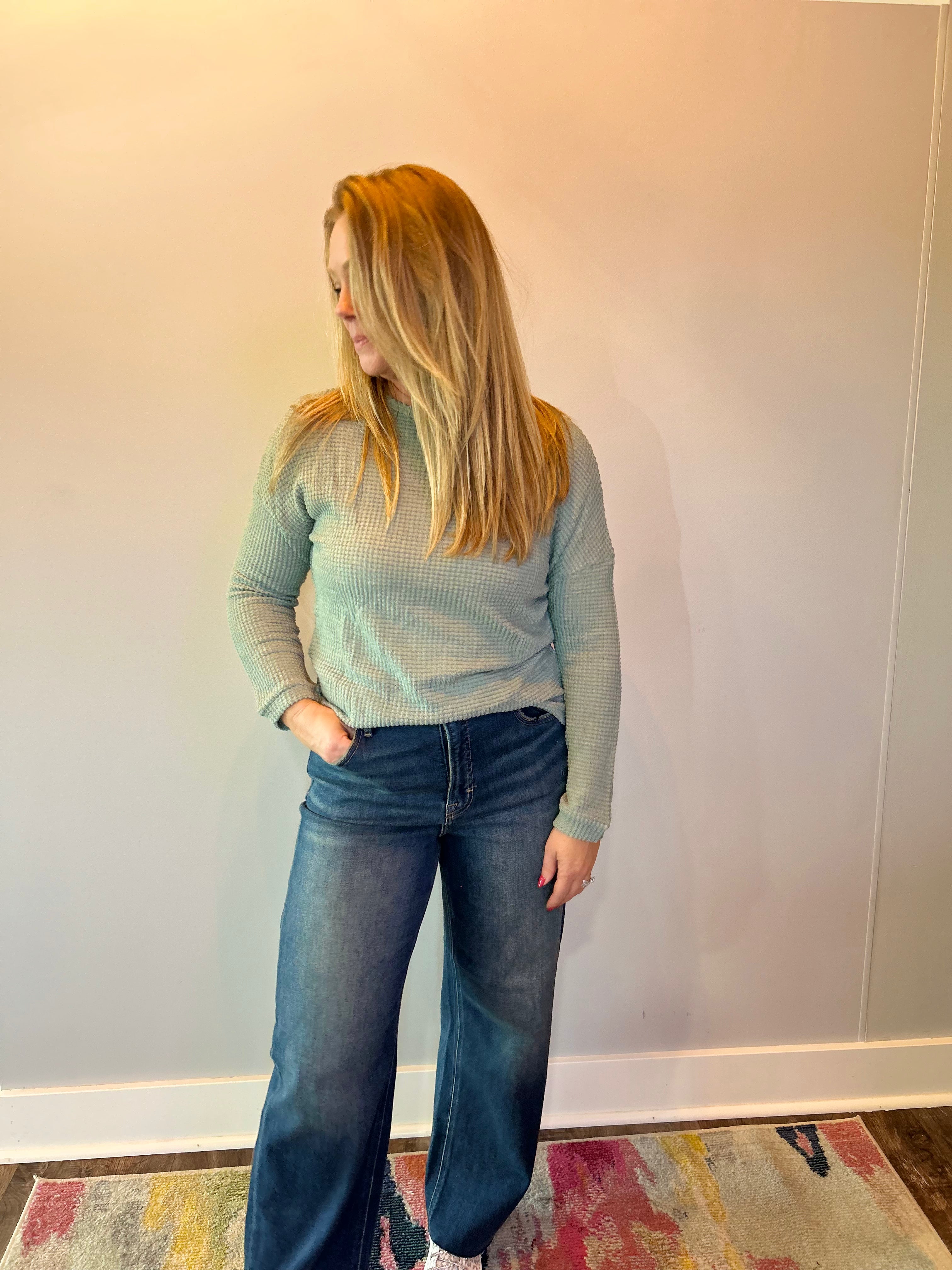 Cozy Luxe Waffle Knit Top in Green