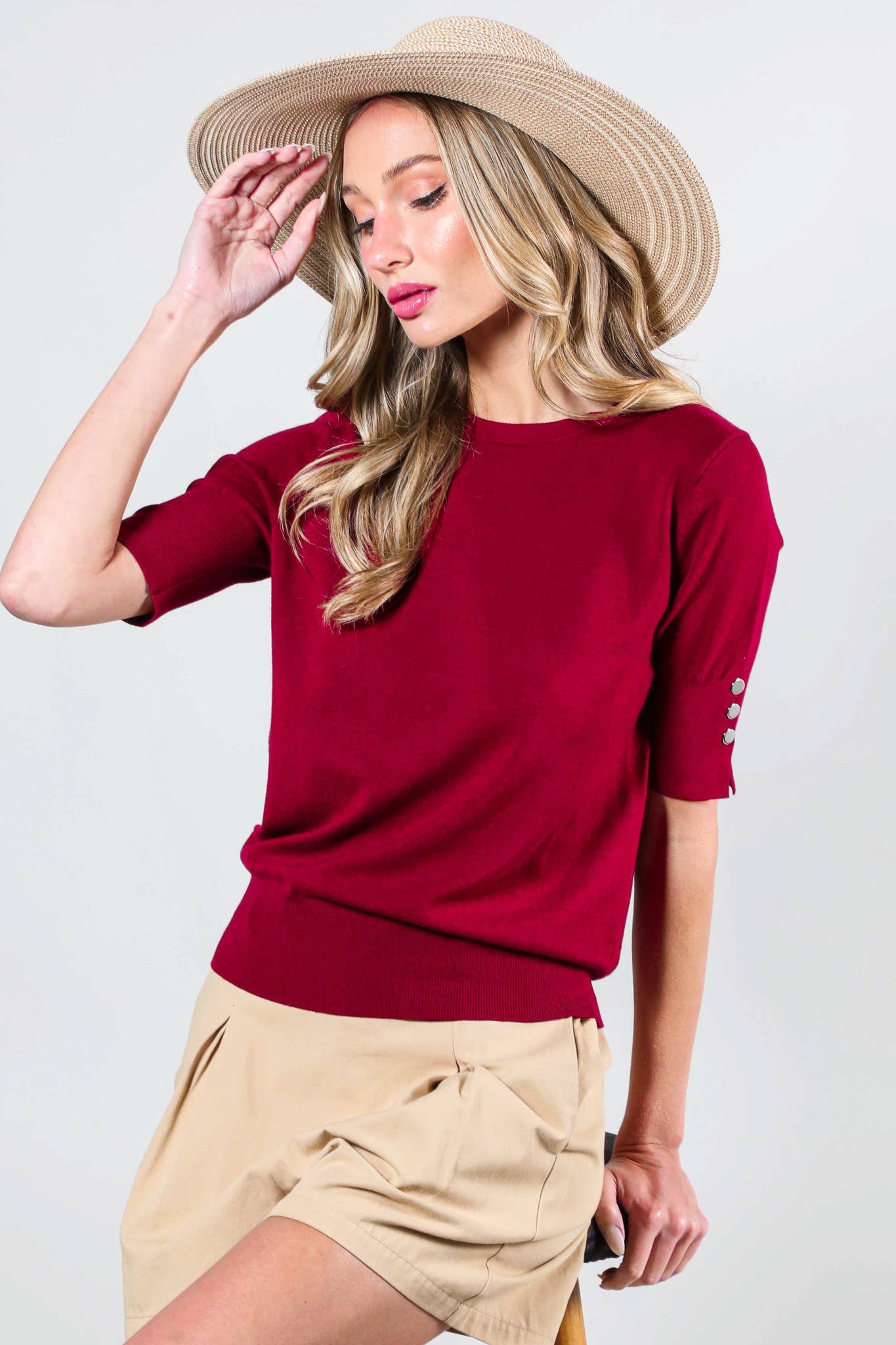 The Button Detail Knit Sweater in Burgundy