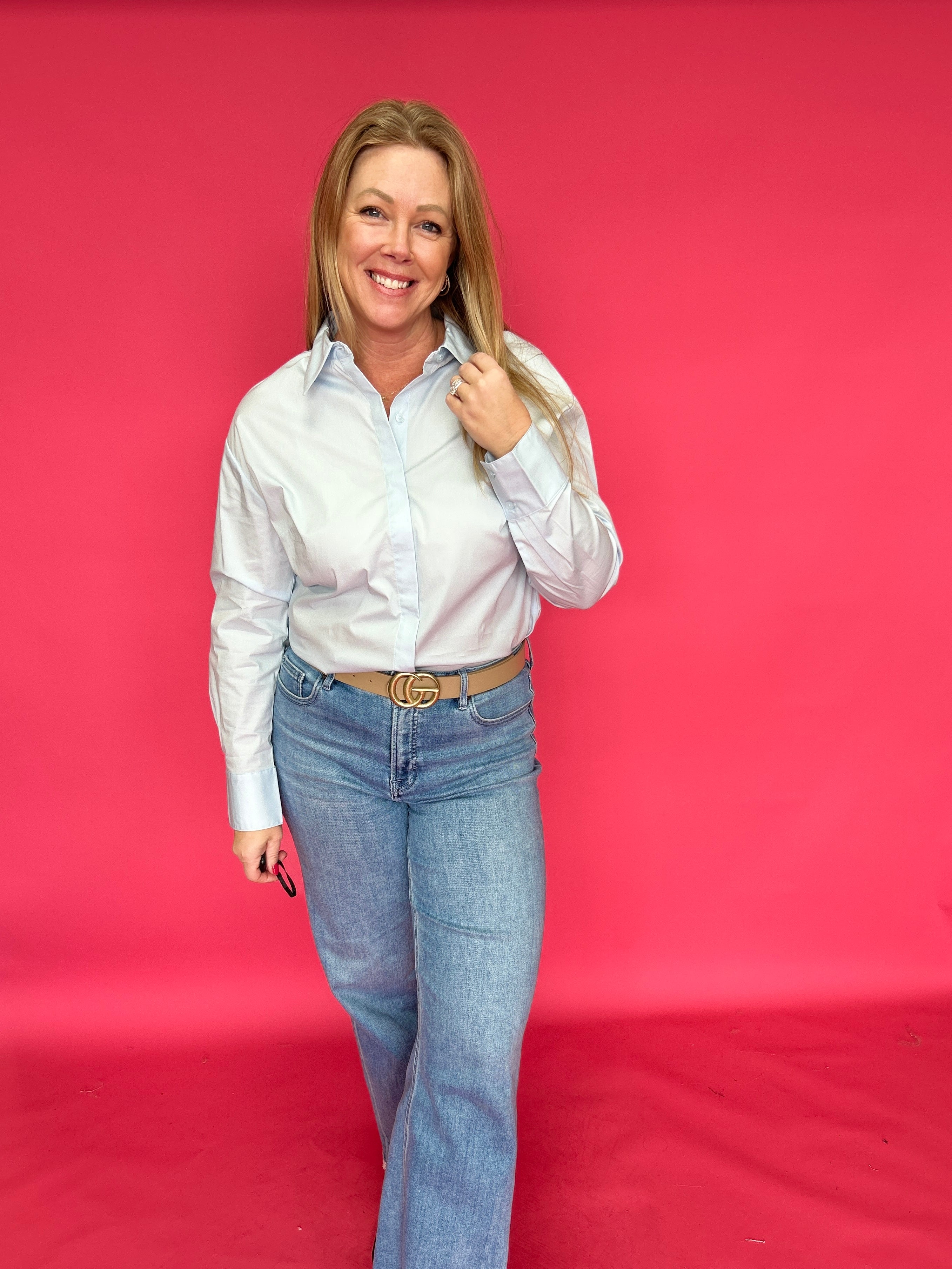 Crisp Poplin Stretch Button-Up Shirt in Light Blue - Shabby 2 Chic Boutiques