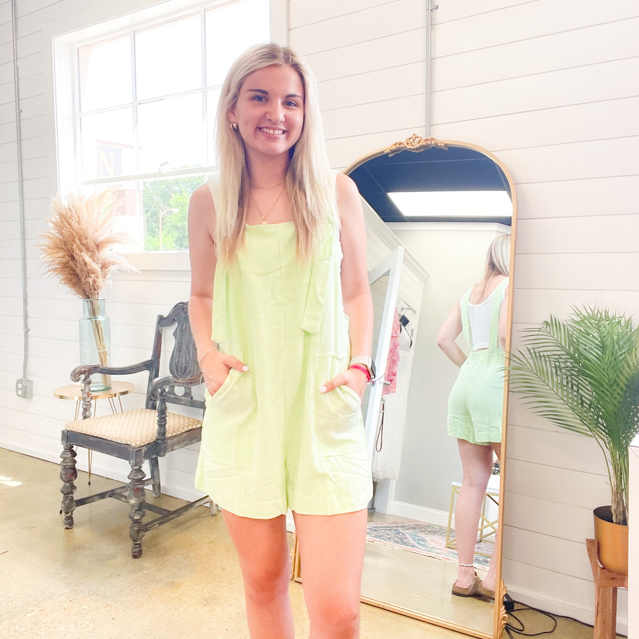 Justine Cotton Pocketed Romper in Mint Green