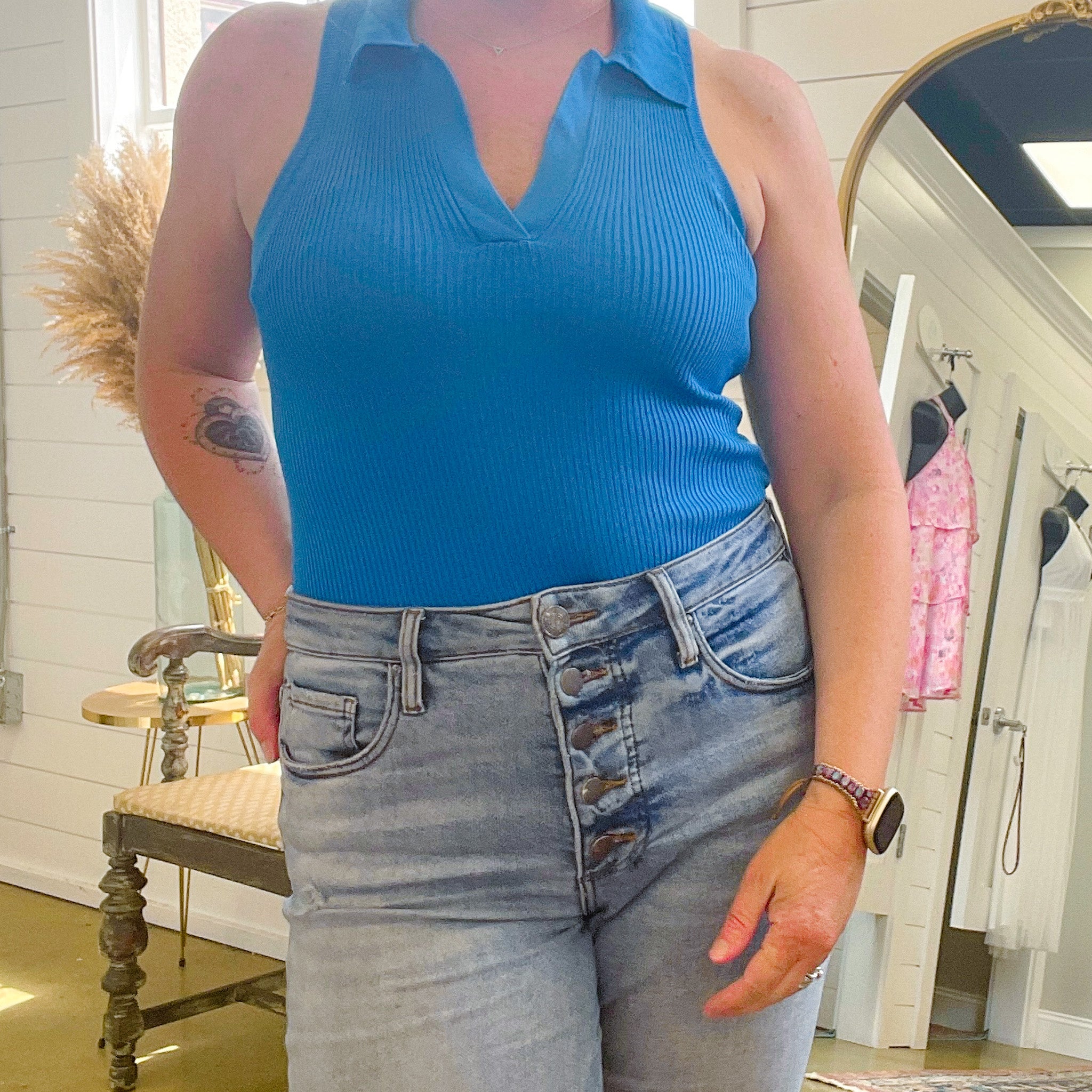 Alessandra Collared Bodysuit in Blue