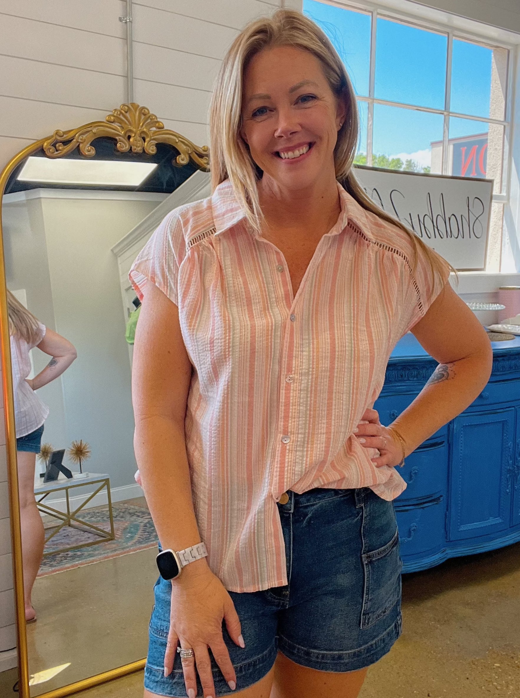 Daxton Striped Button Down Top in Peach